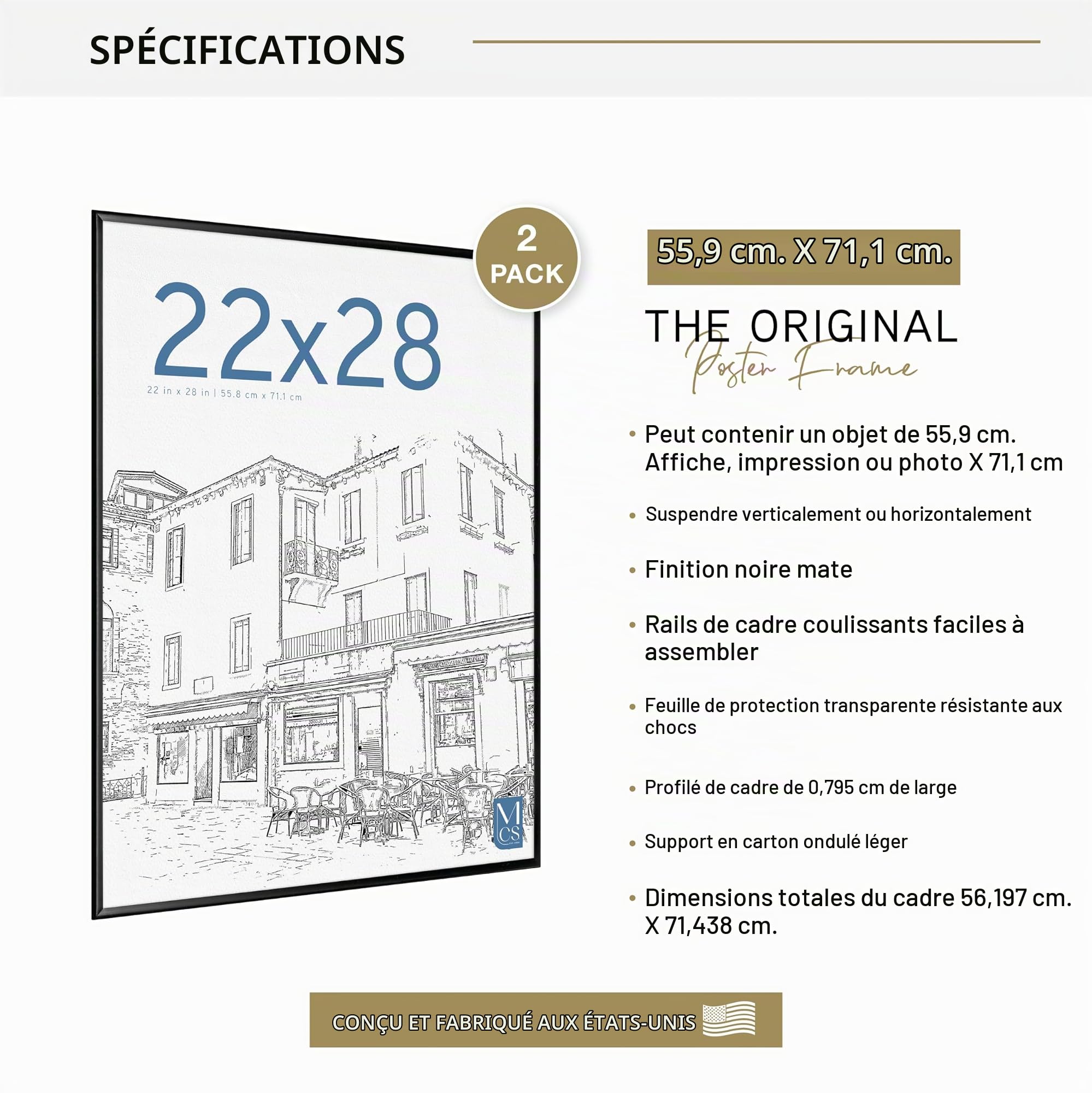 MCS Cadre Poster Original 56,8 x 71,1 cm, Cadre Noir Léger, Fixation Murale Verticale et Horizontale, Grand Cadre Photo pour Photos, Posters et Œuvres d'art (Lot de 2)