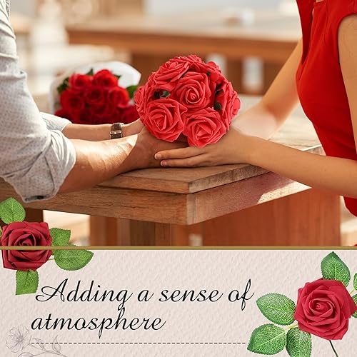 Miniatura 5 de Sherr 250 rosas artificiales a granel, rosas falsas con tallo, centro de mesa de flores sintéticas para bodas, día de San Valentín, decoración de