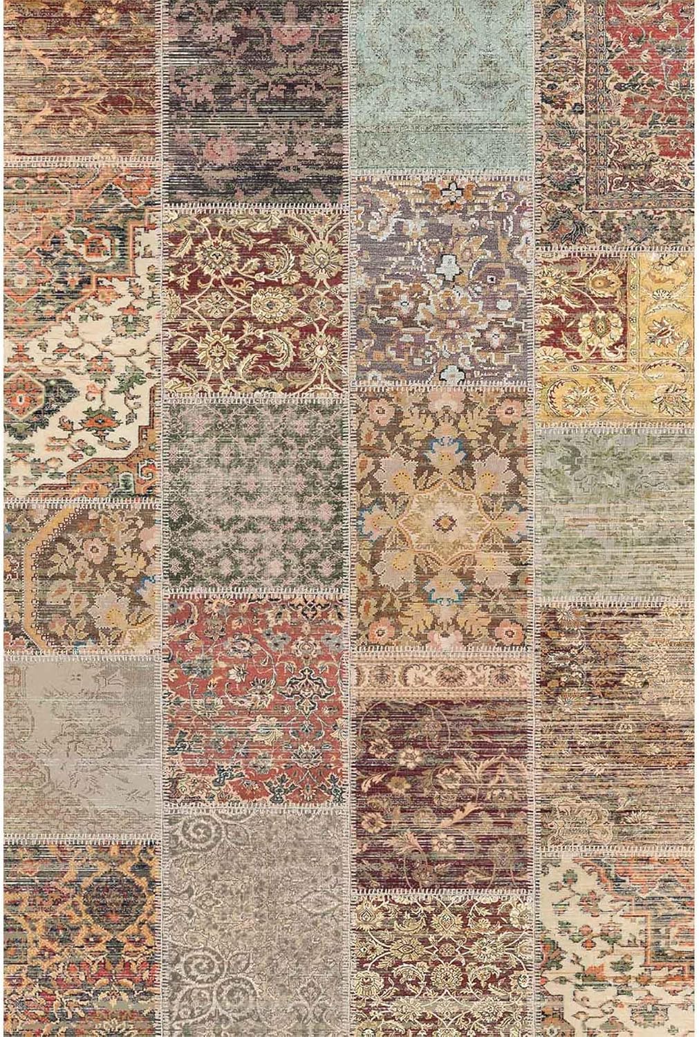 Latte Dizayn Nadine Patchwork Desenli Şönil Pamuk Tabanlı Yıkanabilir Kaymaz Antibakteriyel Salon Halısı 80x300