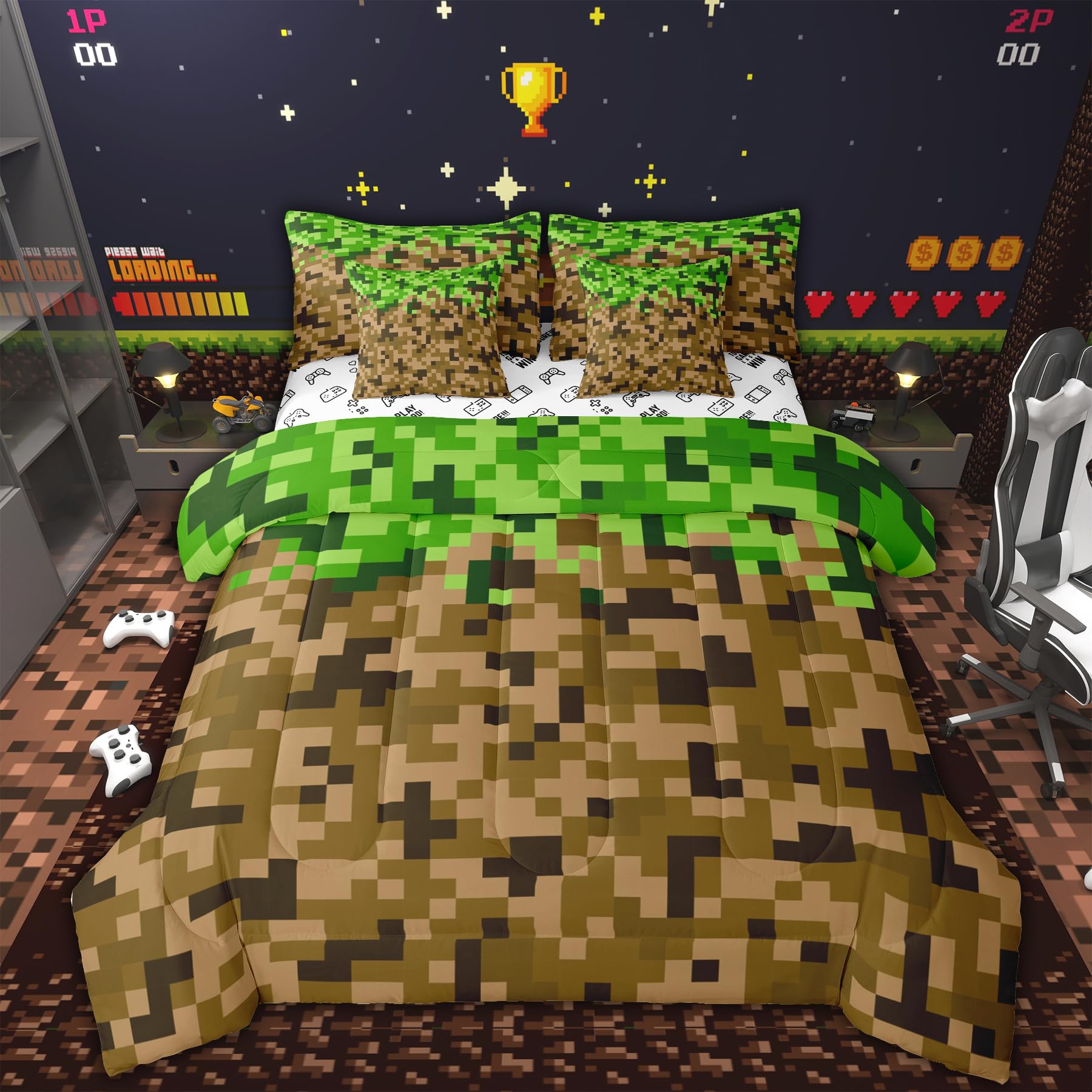 Miner Style Square Grid 7Pcs Comforter Set Full Size,Brown Green Army Camo Bedding Set for Kids Boys Teens Men Room Decor,Cartoon Gamepad Reversible