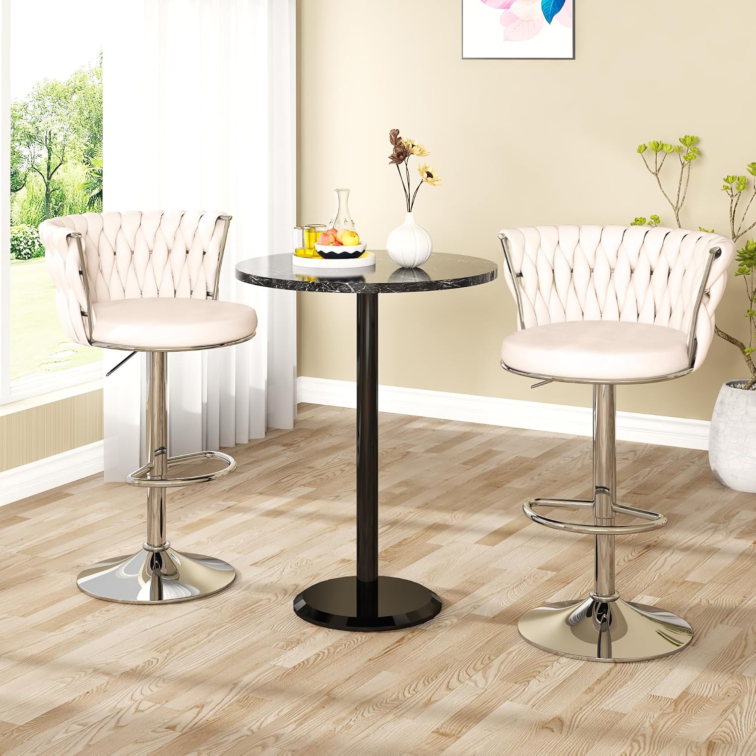 AWQM Beige Bar Stools Set of 4, Velvet Counter Height Barstools Adjustable Swivel Bar Stools,Upholstered Kitchen Island Chairs Bar Chairs Counter Stool with Back & Footrest