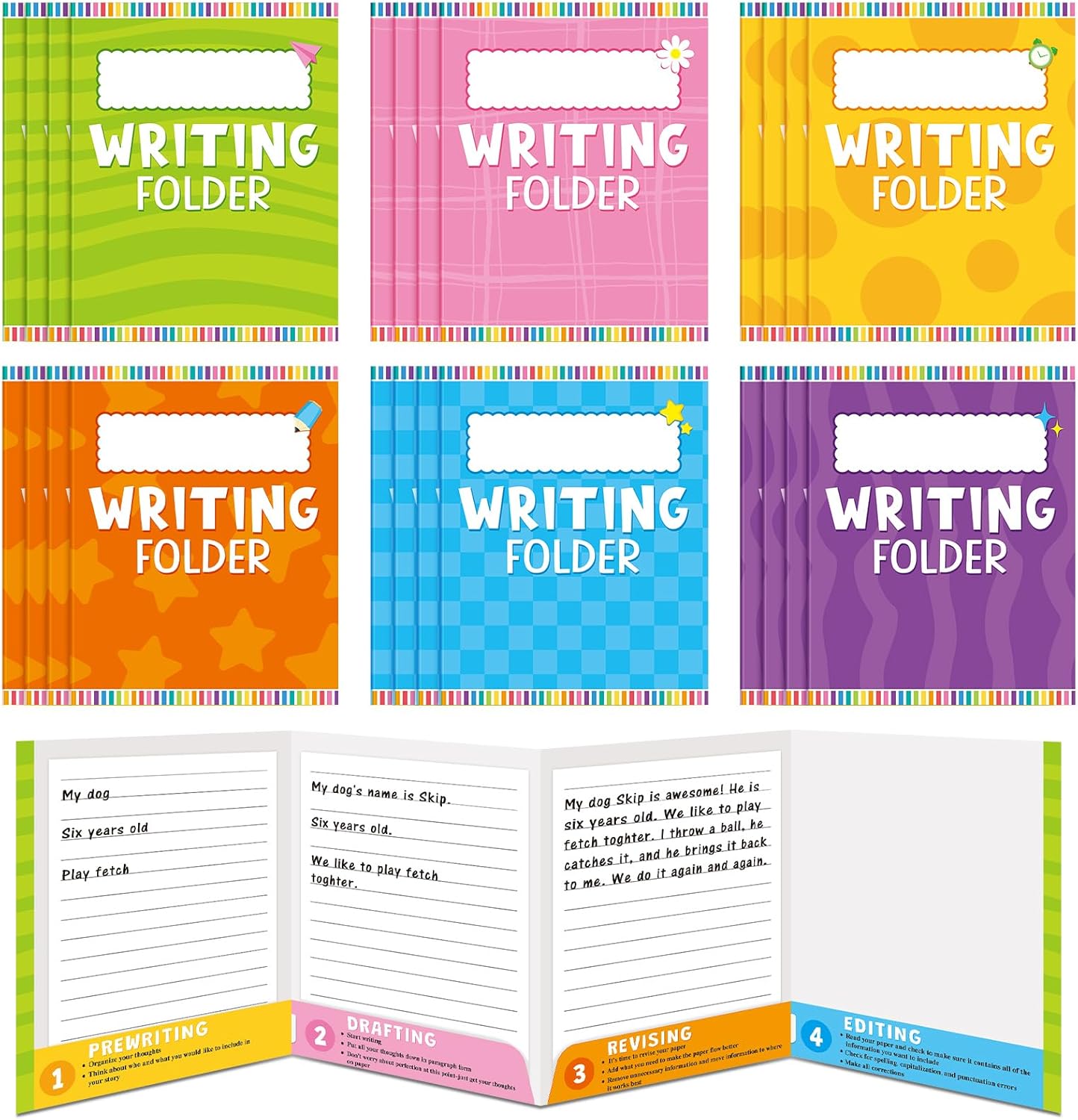 Kisston 24 Pcs Writing Folders with Pockets Bulk Writing Process 4 Pocket Folders Classroom Teaching Supplies for Students Teacher Classroom Kids (Bright Colors)