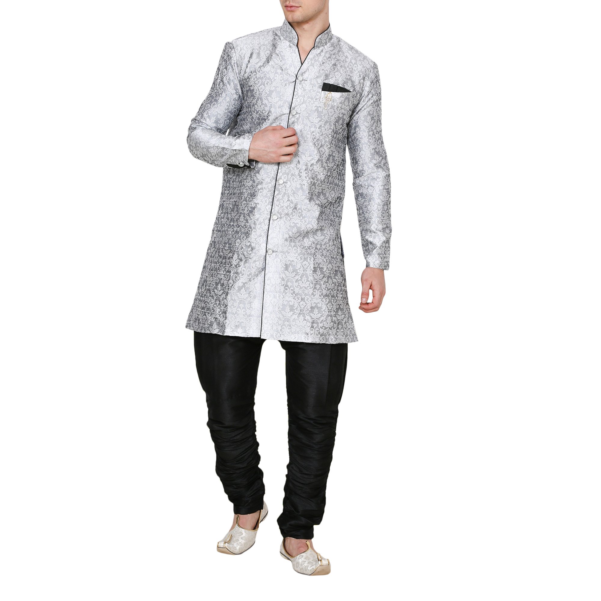 Men's Jacquard Silk Floral Print Indowestern Sherwani-image-16