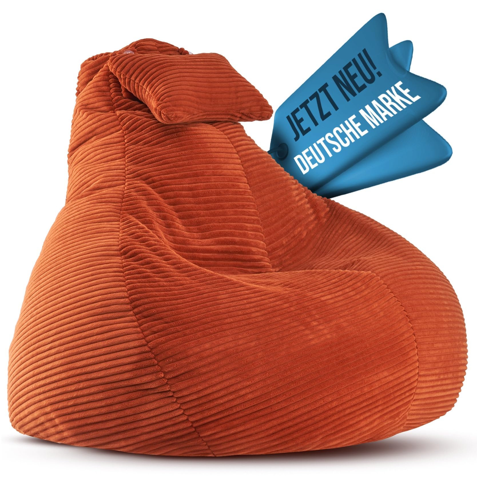 Sitzsack für Erwachsene mit integrierter [Nackenstütze] Cord | XXL Indoor Bean Bag mit Füllung | perfekt als Chill-, Lese- oder Gaming Sessel (90 x 80 x 70 cm) (Korallrot)