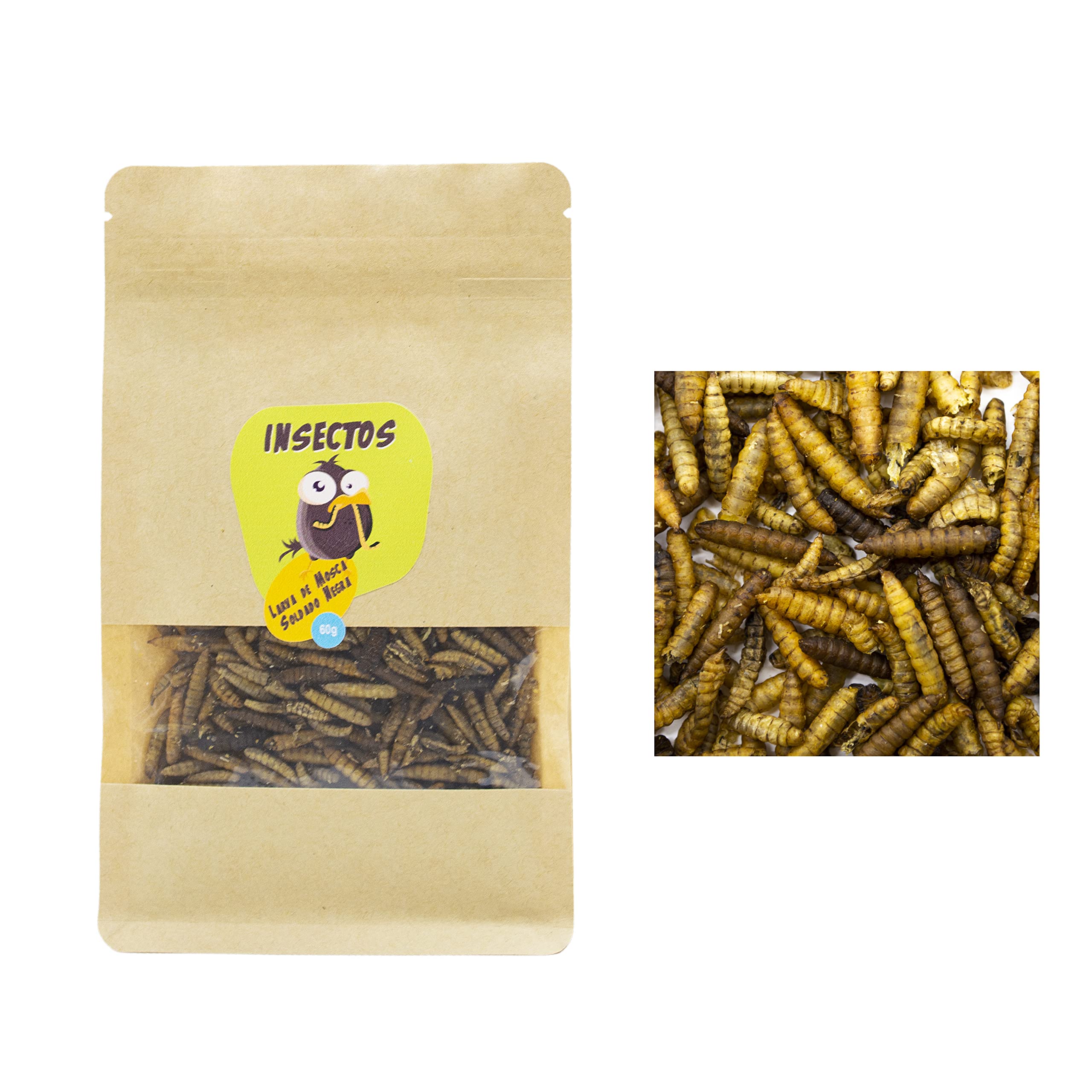 Larvas de Mosca Soldado Negra para Pájaros, Peces, Tortugas, Roedores y Reptiles – 60g - Black Soldier Fly – Snack de proteínas para Animales