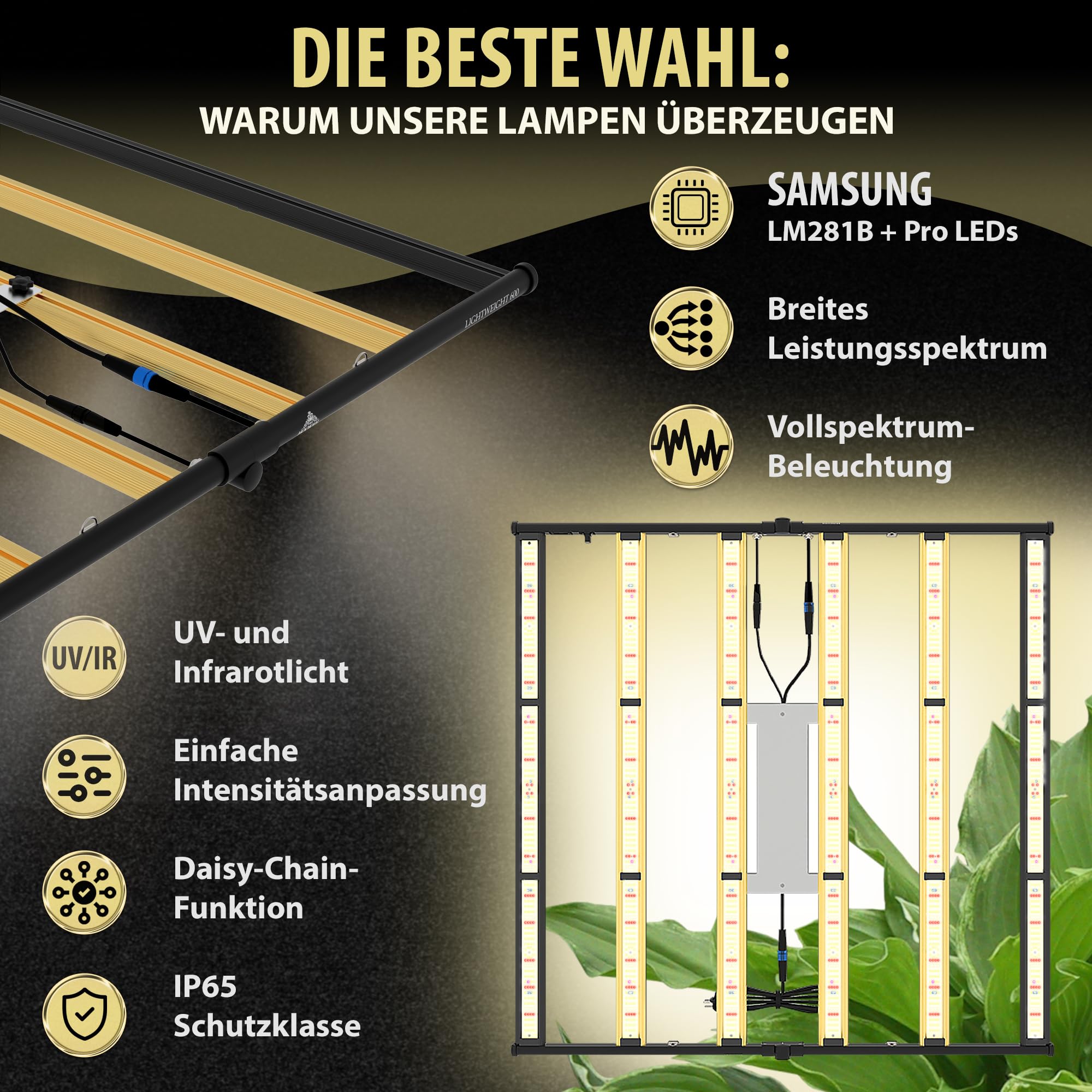 THE GROW 600 Watt Vollspektrum LED (mit UV- und Infrarotlicht) mit 2720 Dioden, leistungsstarke Pflanzenlampe, Dimmbar, Daisy-Chain Funktion, optimal für Growzelt / 2,9 umol/J
