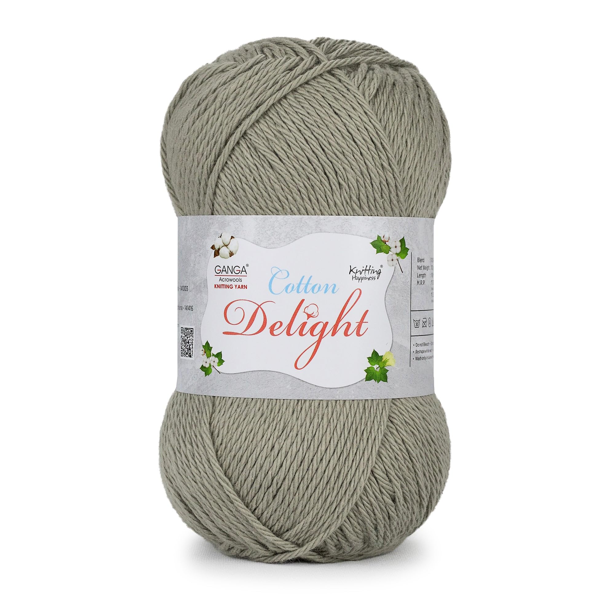 Ganga Acrowools Cotton Delight, Dk Weight Cotton Yarn, Oekotex Class L Certified 100G, 169M (Grey)