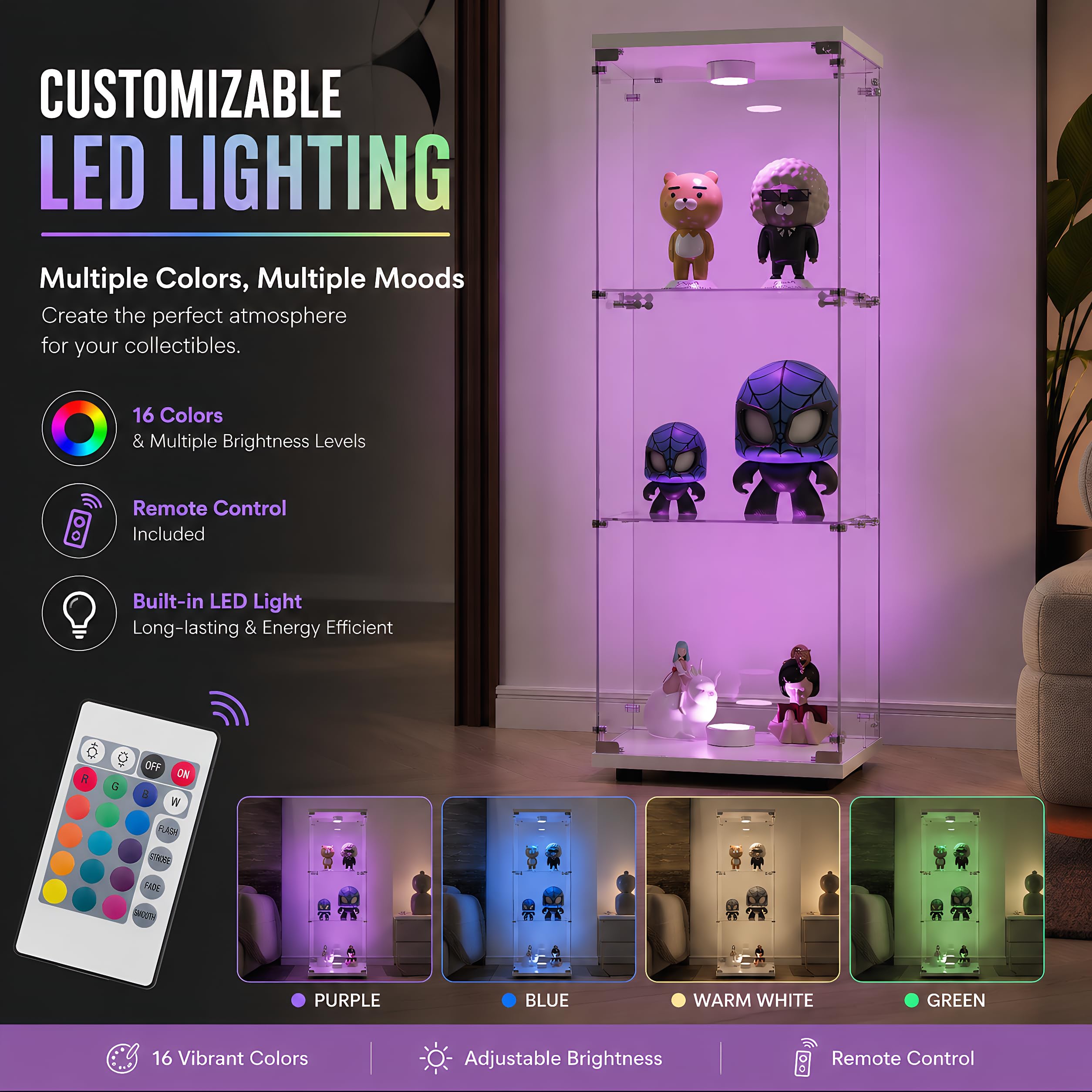BRILVERDE Vitrina de cristal de pie, con LED, 3 pisos, con puertas y cerradura, para coleccionistas, libros, vino, oficina, salón (blanco, 125 x 42 x 36 cm)