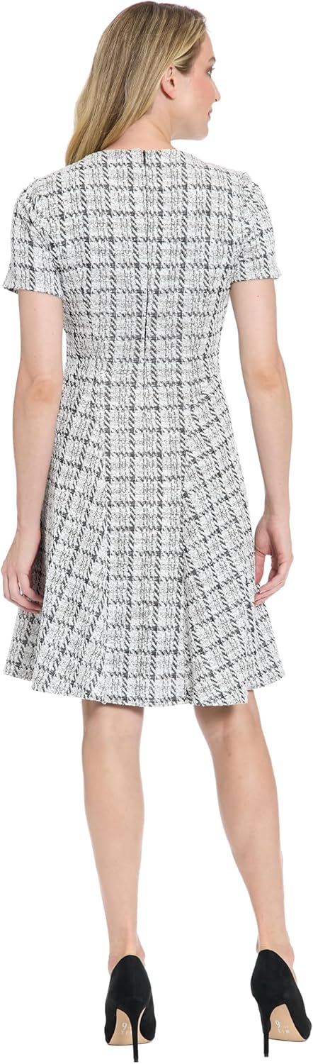 London Times Women's Short Sleeve Houndstooth Fit and Flare Professional Work Wedding Guest Dresses - Image 3