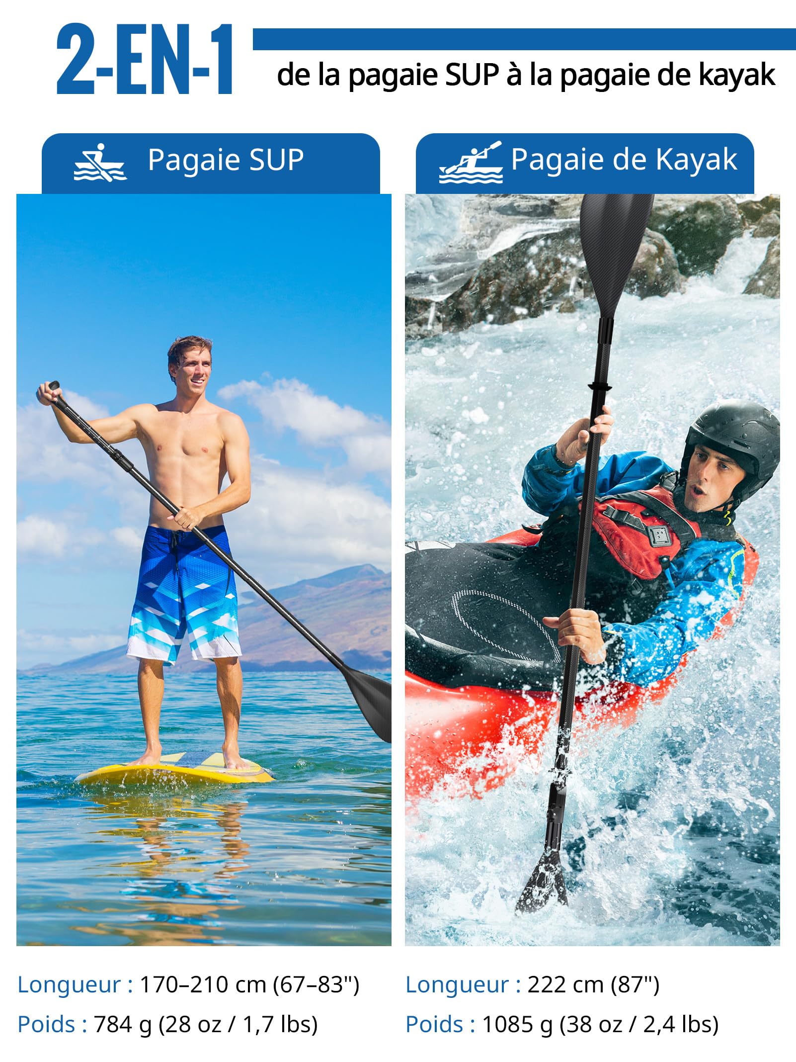 Remo 2 en 1 adecuado para tablas de remo de pie y kayaks – Longitud ajustable de 175 a 210 centímetros – Ligero y resistente – Construcción de fibra de carbono y nailon