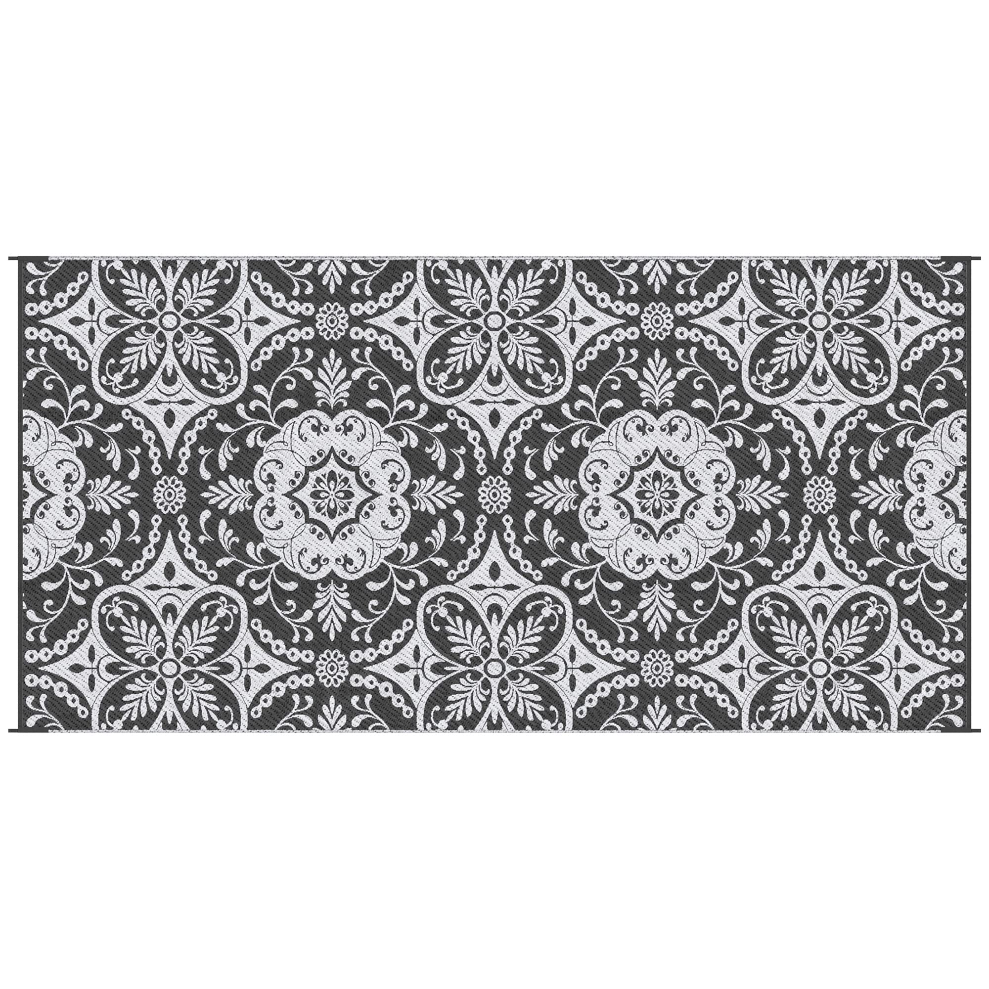Outsunny Reversible Outdoor Rug, 9' x 18' Waterproof Plastic Straw Floor Mat, Portable RV Camping Carpet, Large Floor Mat for Backyard, Deck, Picnic, Beach, Gray & White Floral
