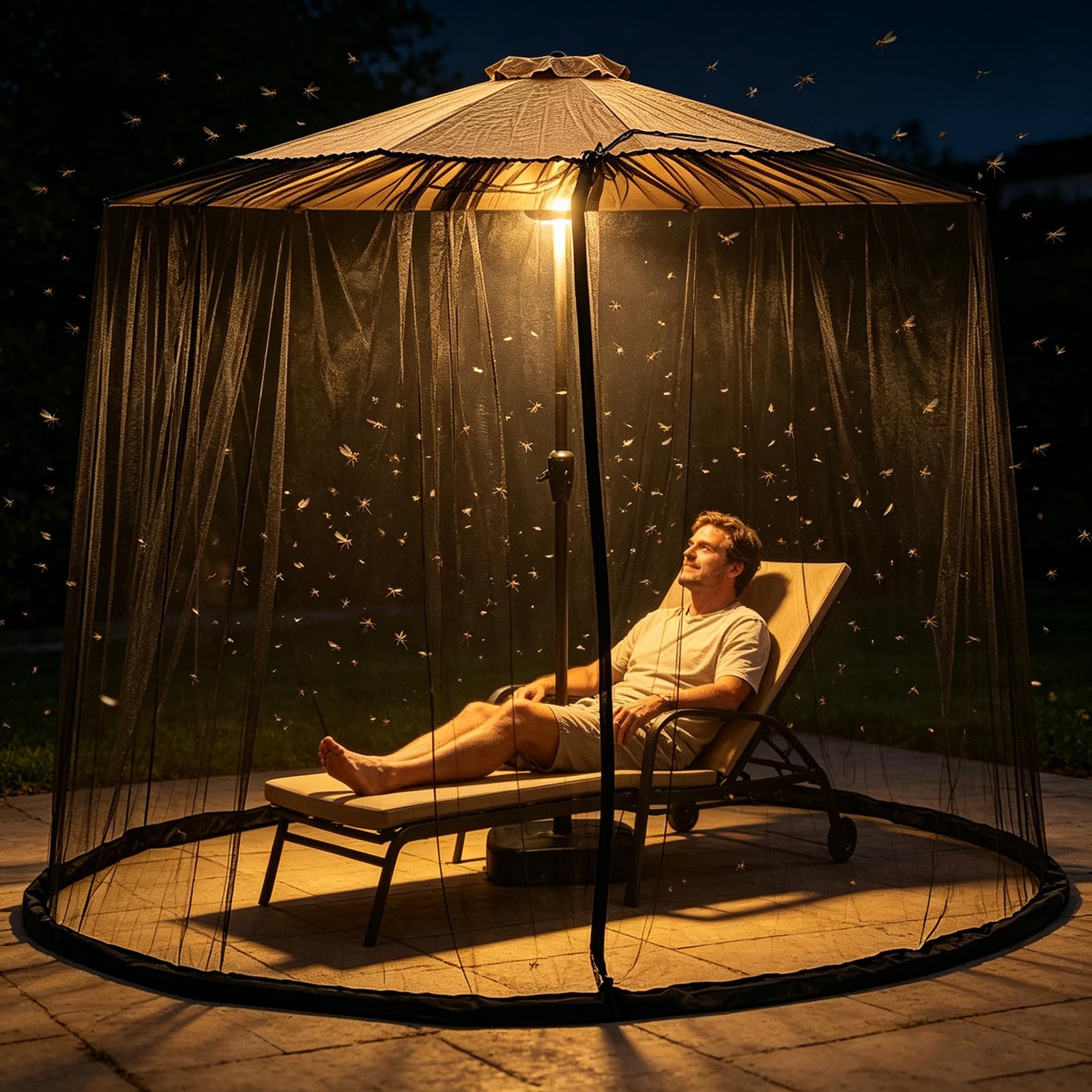 Rundes Moskitonetz für Sonnenschirm 300-400cm – Insektenschutznetz mit Wasserbefüllbarem Boden, Doppel-Reißverschluss & Zugband – Feines Maschennetz für Terrasse & Garten,Schwarz,1260