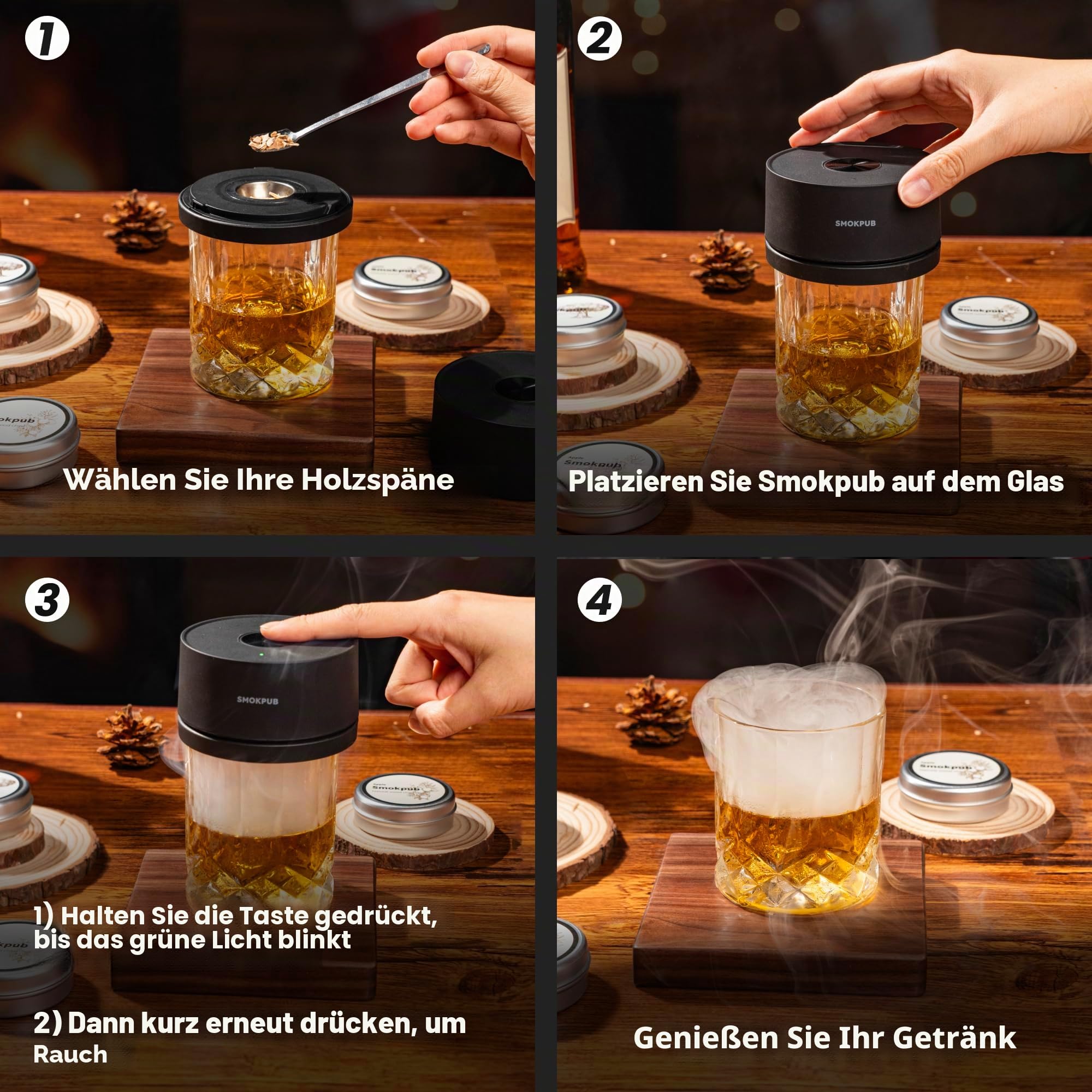 SMOKPUB Elektrisches Whisky Smoker Set, Cocktail Smoker Kit mit 6 Holzspänen, Whiskey Smoker Kit Mit Eingebautem Zünder, Kein Butan erforderlich, Bourbon Whisky Geschenk für Papa, Ehemänner