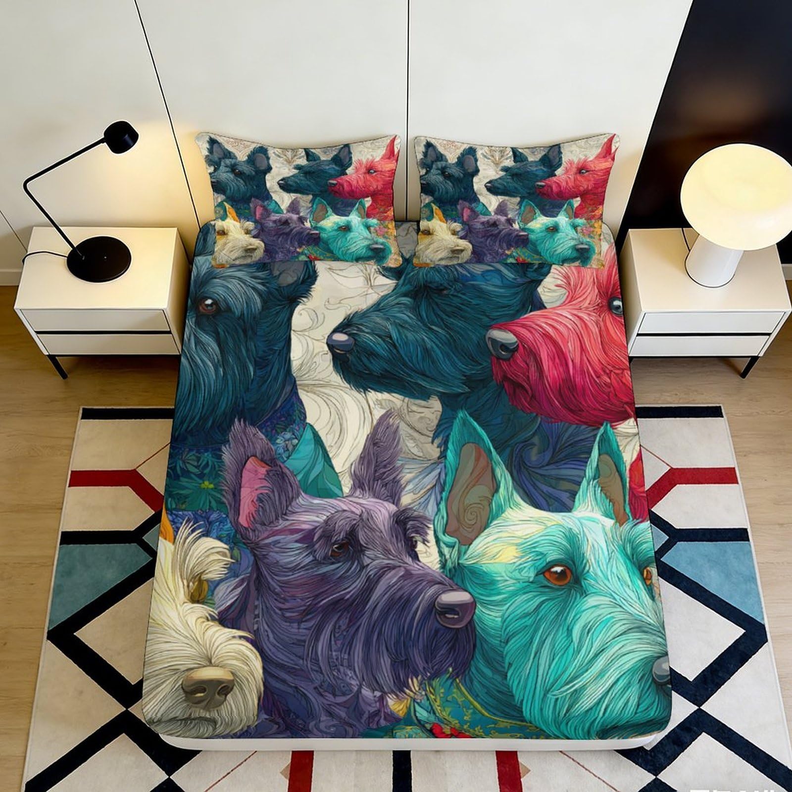 3D Printed Colorful Dogs Fitted Sheet Microfiber Soft Durable Artistic Dog Pattern Bed Cover for Bedroom Dormitory Guest Room Mattress Protection 200x200x25cm