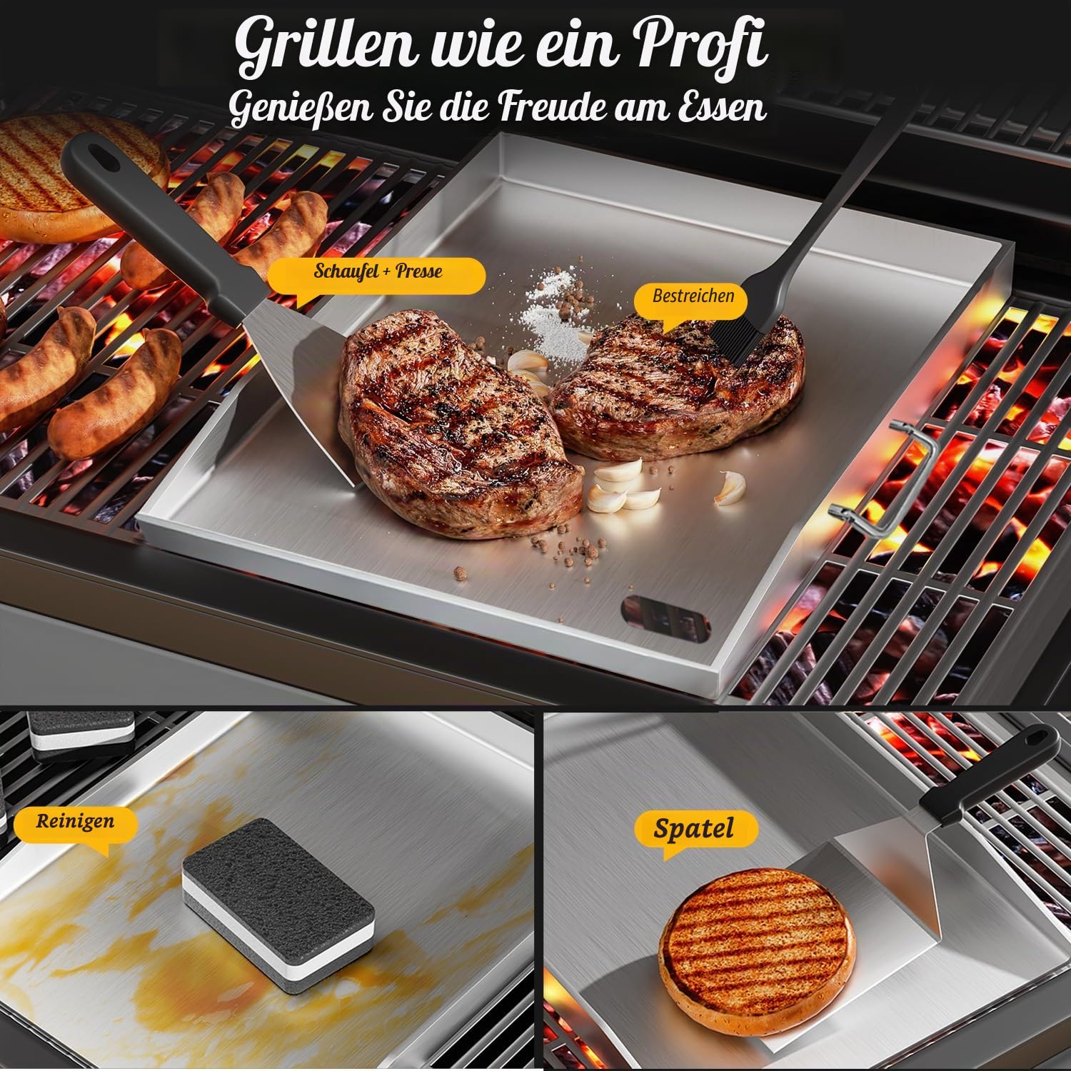 devesanter Grillplatte 40x30cm aus Edelstahl mit Grillspachtel Set | Robuste 304 Edelstahlplatte mit Ölablaufrille. Ideal für Feuerstelle, Grill, Ofen und Herd, inklusive praktischem Zubehör.