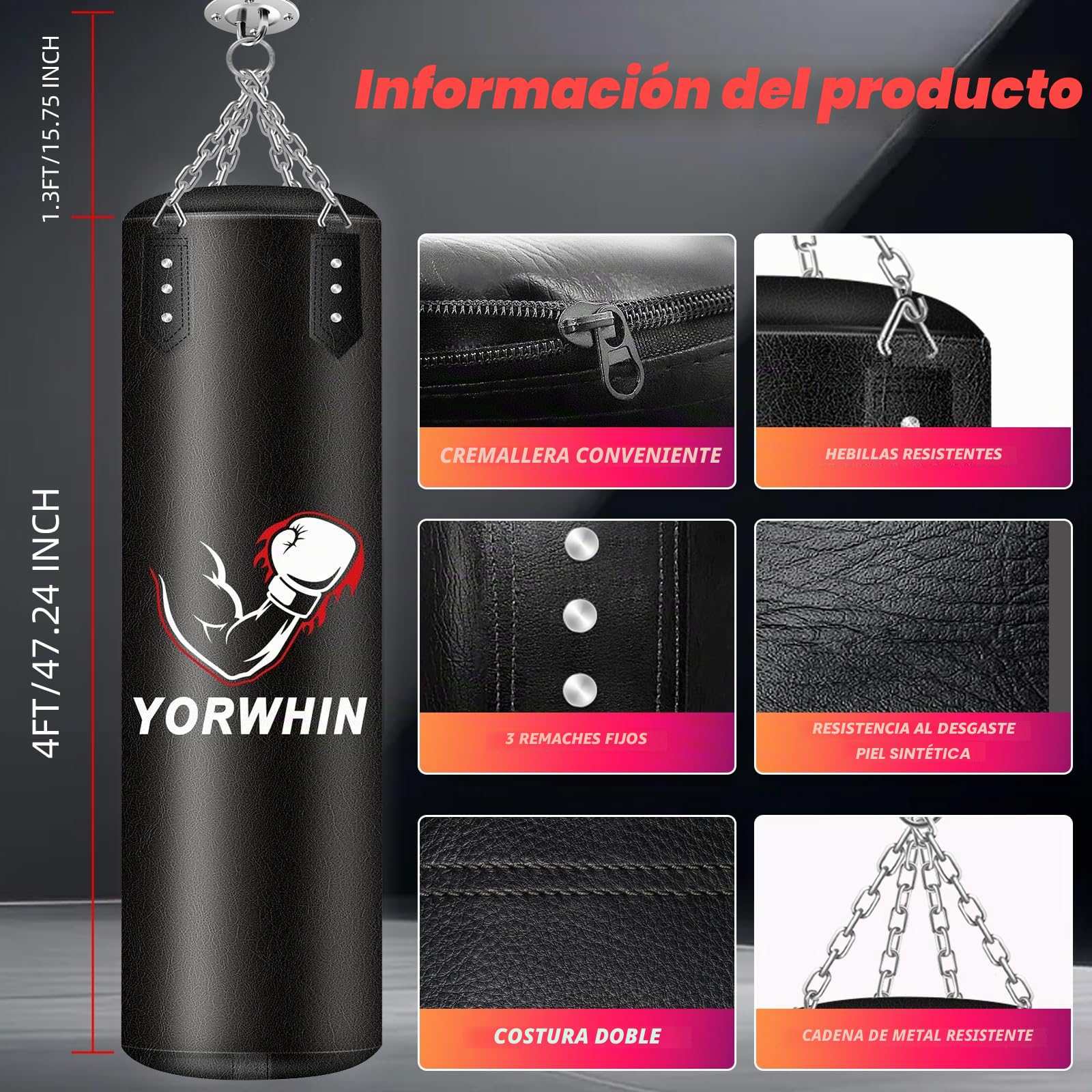 YORWHIN Saco de Boxeo 120cm con Guantes y Acolchado de Espuma 5KG para Muay Thai Kickboxing MMA Entrenamiento, con Cadena de Suspensión Saco de Boxeo Puñetazos