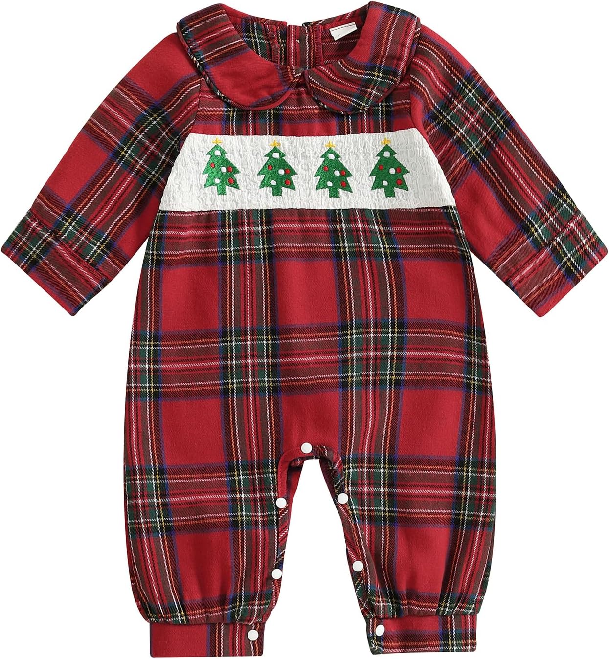 My First Christmas Baby Girl Outfit Christmas Tree Plaid Long Sleeve Smocked Bubble Romper Holiday Jumpsuit Overalls