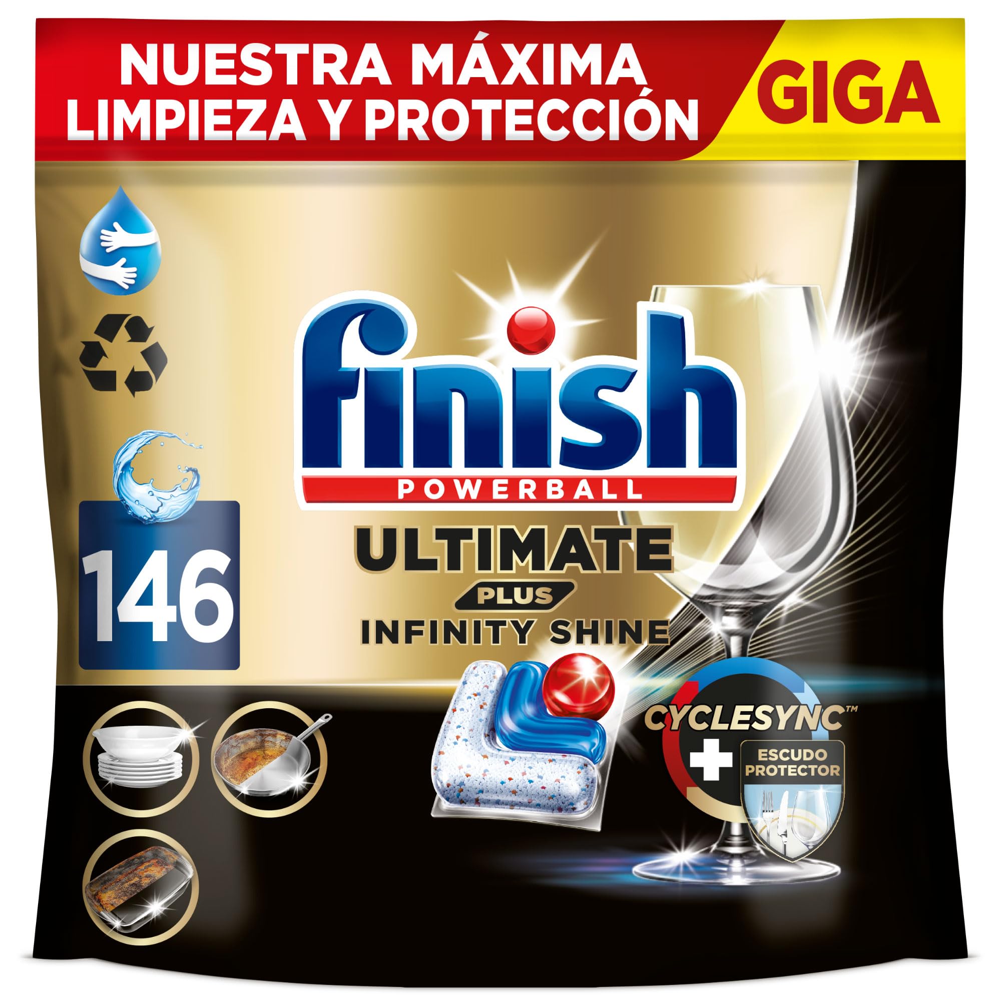 Finish Ultimate Plus Infinity Shine, Pastillas para el Lavavajillas, limpieza y brillo intensivos, y protección del cristal, 146 pastillas