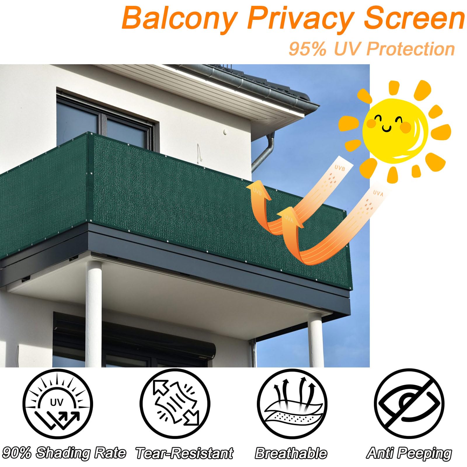 GUOJUN Balkon Sichtschutz Wetterfest 100 x 820 cm Windschutz HDPE Atmungsaktiv Balkonverkleidung Balkonsichtschutz Balkonbespannung mit Kabelbinder Ösen Privatsphäre Ohne Bohren, Dunkelgrün