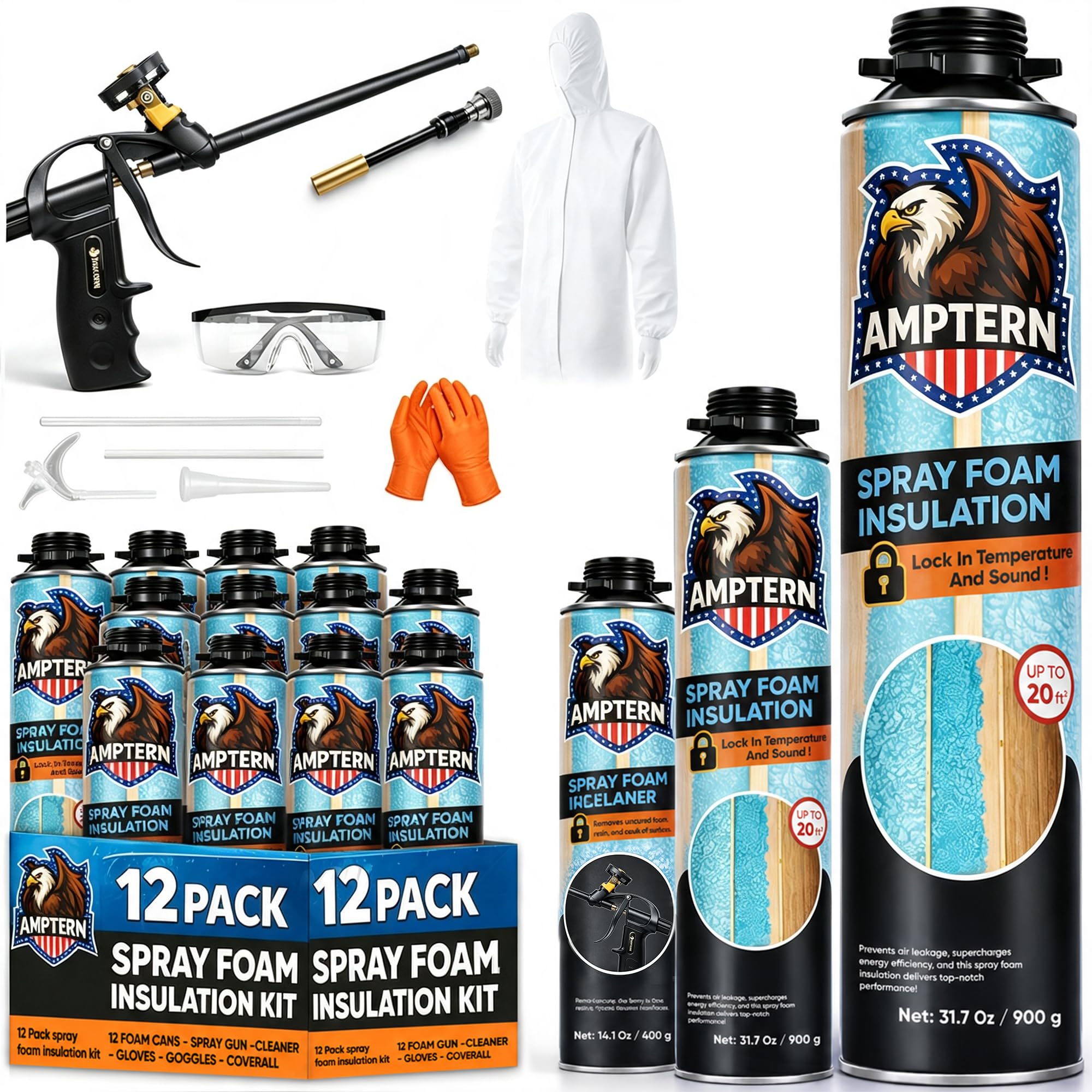 Amptern 12 Pack Spray Foam Insulation Kit, 240 Board Ft High Density Closed Cell Spray Foam, DIY Spray Gun Kit for Walls, Attics, Windows & Doors, Thermal Insulation & Air Sealing