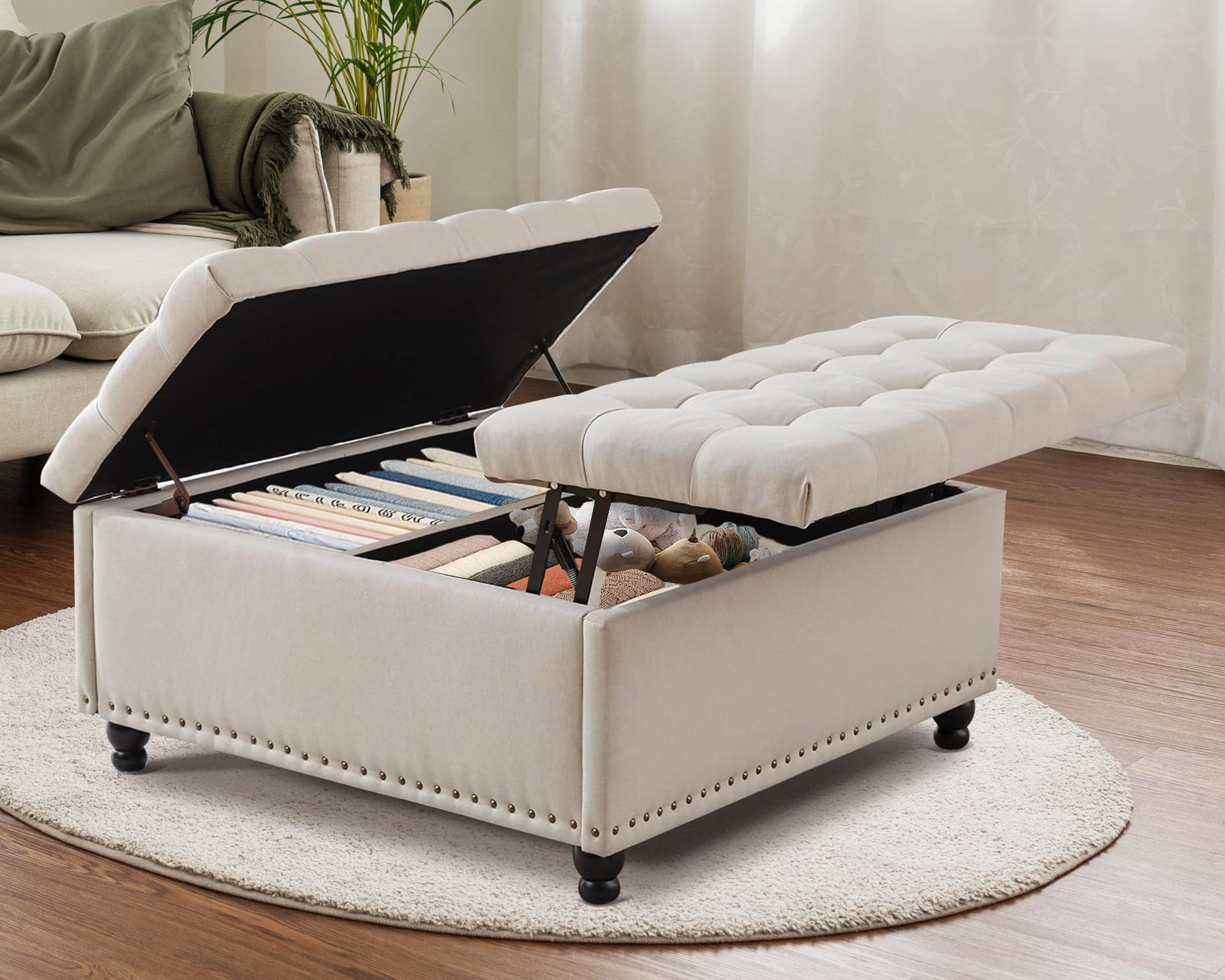 Grepatio 35.5" Large Square Storage Ottoman, Lift Top Ottoman Square Bench with Storage, Tufted Upholstered Ottomans, Ottomans Coffee Tables for