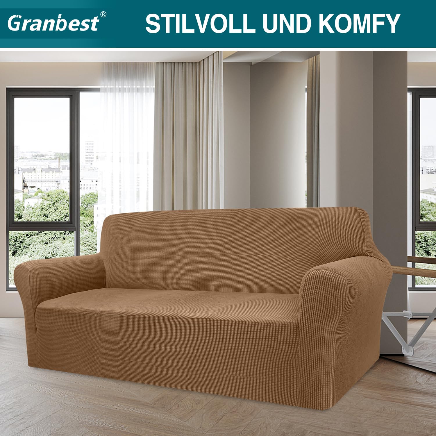 Granbest, copridivano Elasticizzato ad Alta Elasticità, Moderno e Jacquard, copridivano Elastico, per Soggiorno, Protezione per Cani e Animali Domestici (3 posti, Cammello)