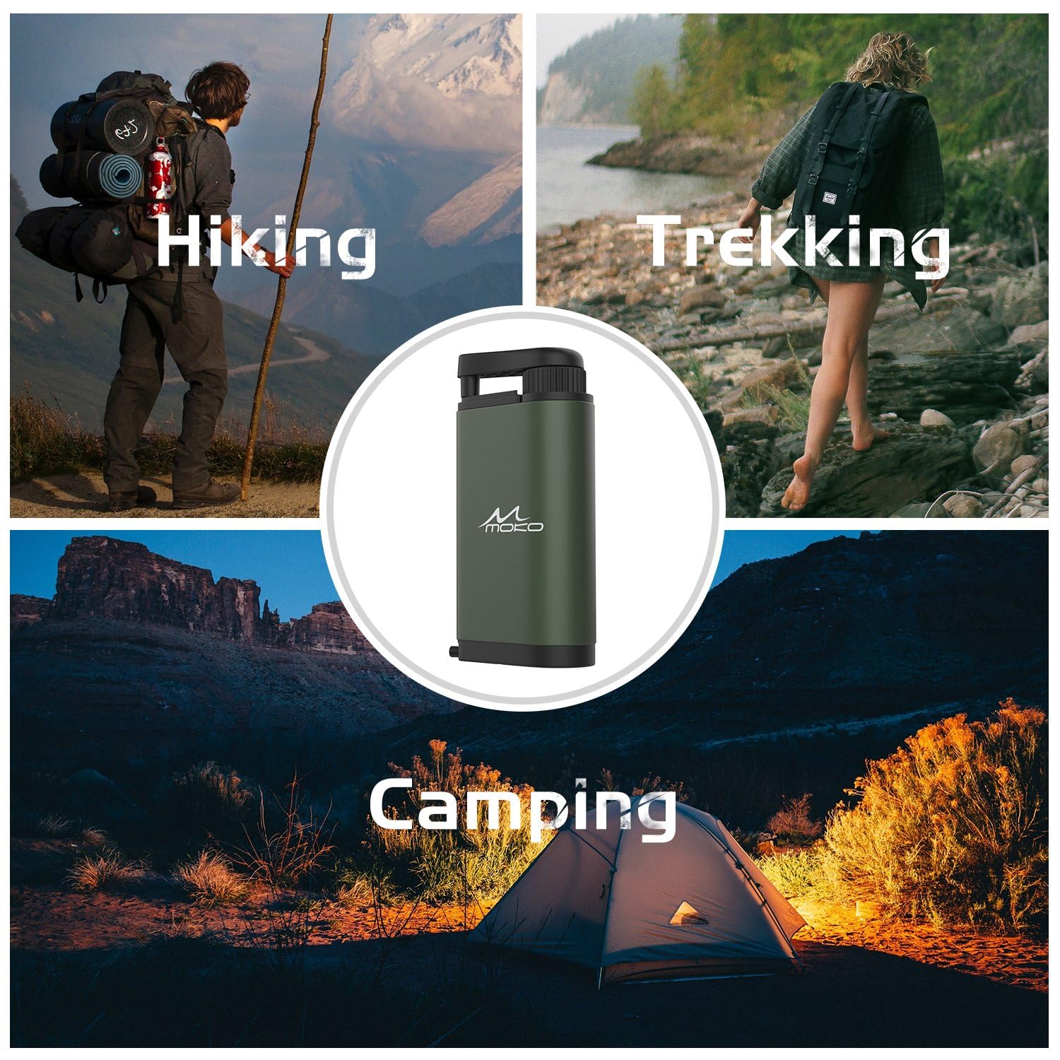 MoKo Filtro de agua portátil para camping, senderismo, purificador de agua de emergencia, supervivencia, con carbón interno y conjunto de filtro ultra