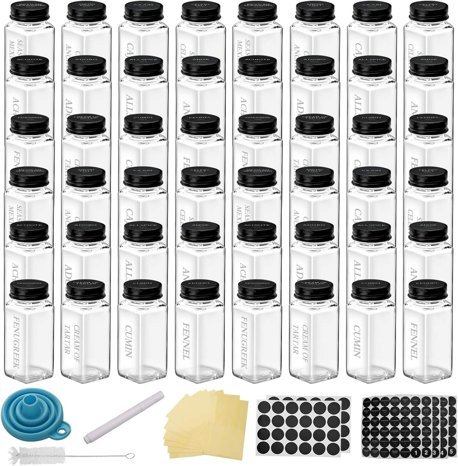 4 OZ Glass Spice Jars with black Metal Caps, Glass Jars with Minimalist Farmhouse Spice Labels Stickers, Collapsible Funnel, Seasoning Storage Bottles for Spice Rack, Cabinet, Drawer (12)