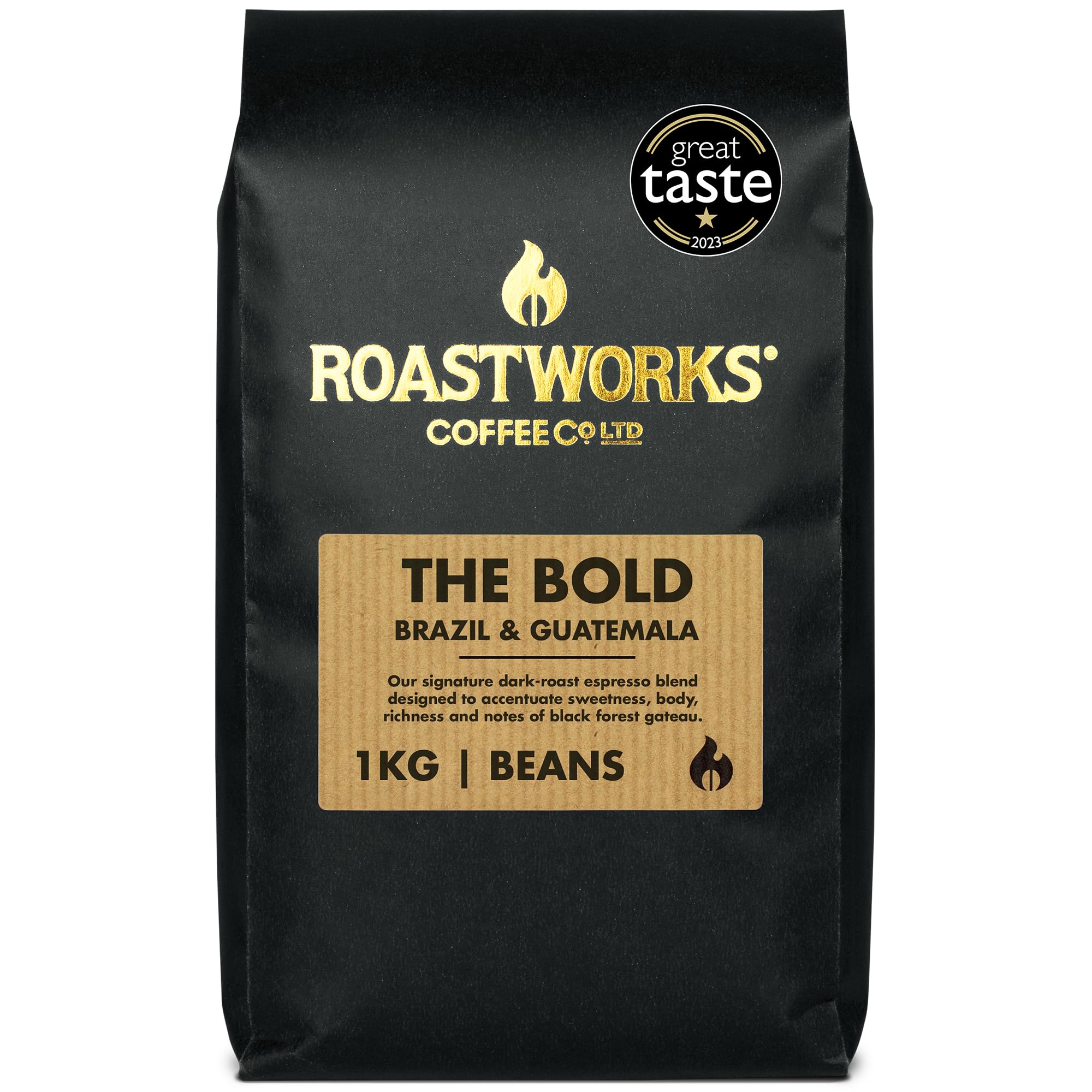 RoastworksThe Bold 1KG Coffee Beans – Dark, Rich Coffee with Notes of Black Forest Gateau – Espresso Blend of Speciality Whole Coffee Beans Produced in Guatemala and Brazil