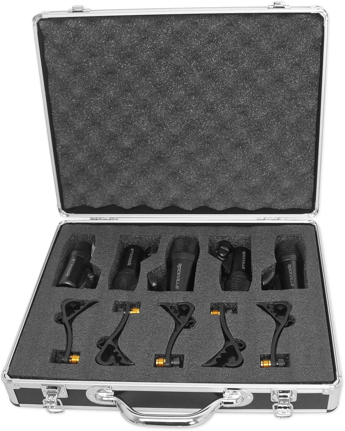 🔥 Flash Sale Rockville PRO-D5 5 Piece Drum Mic Kit w/Metal Bass+Snare Microphones+Clips