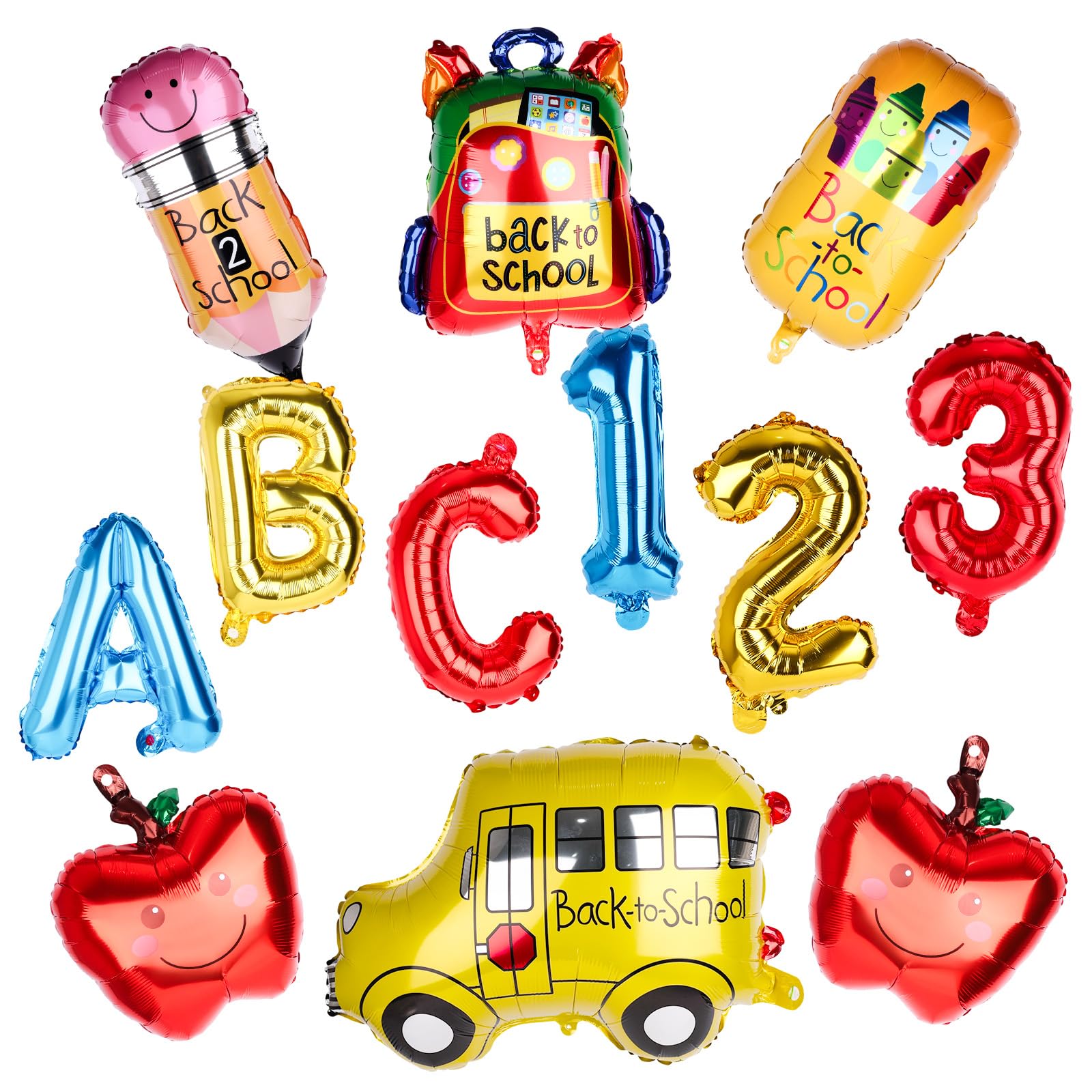 Fukaisu 12pcs Back to School Balloons, First Day of School Decorations with Welcome Bus Pencil Apples & Crayon Foil Balloons for Party Decoration Supplies
