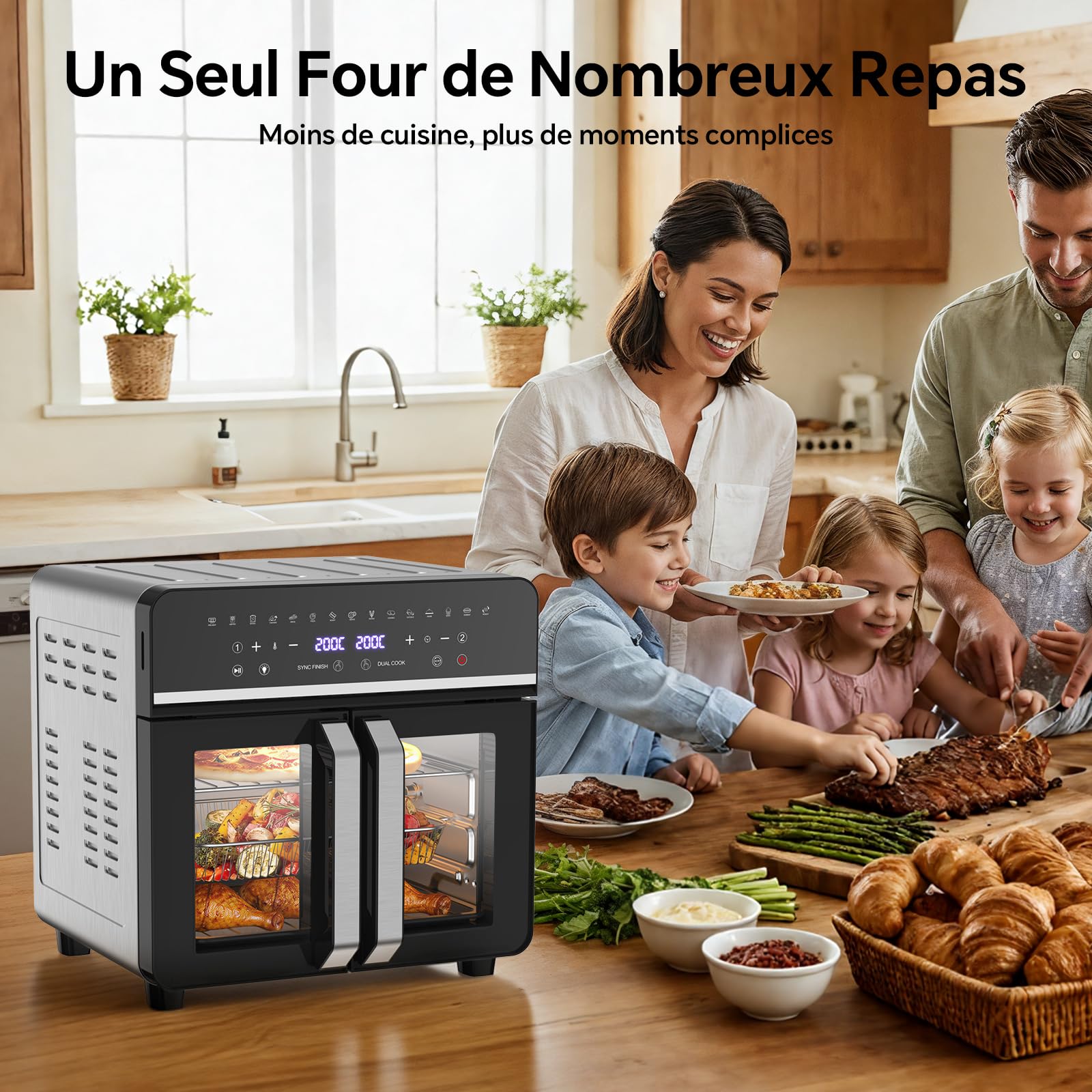 23L Friteuse à Air Chaud Familles, Mini Forno Cuisson Zone 1/2, Temp Sép | Portes Français 15-en-1 Fenêtre de Visualisation Lumière Intégrée, Grande Fritteuse Sans Huile Famille, 200℃/2600W Air Fryer