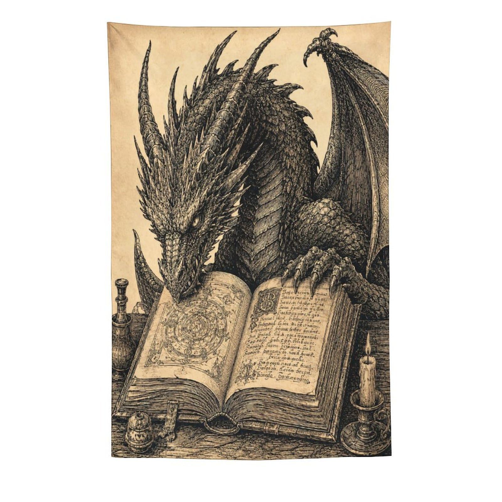 H3B8U2Y5 Dragon Reading Book Wall Tapestry, Fantasy Illustration, Apartment