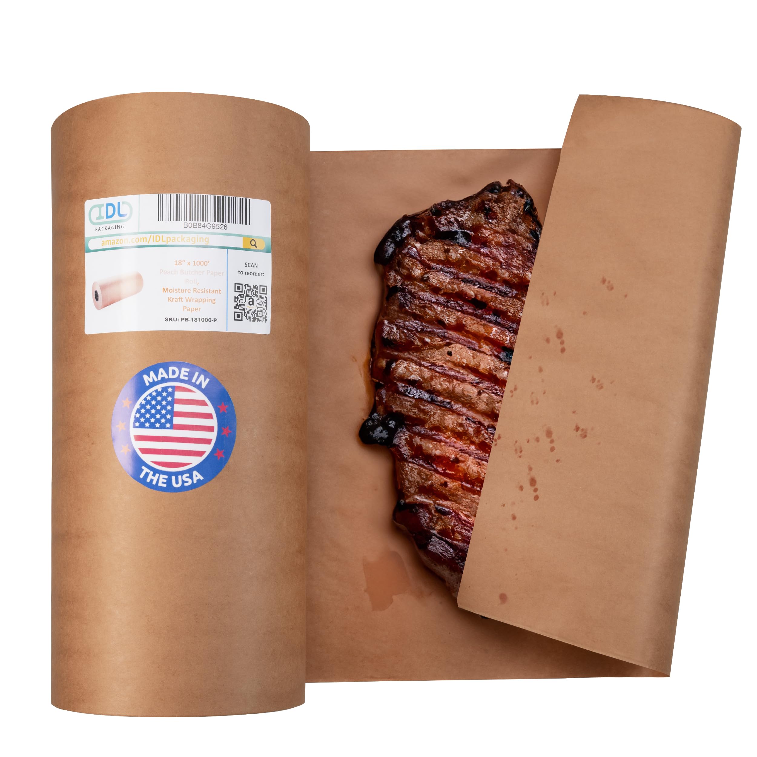 IDL Packaging Rollo de papel de carnicero de melocotón de 18 pulgadas x 1000 pies, resistente a la humedad, para cocinar o empacar, papel kraft sin encerar y sin revestimiento para ahumar carne y