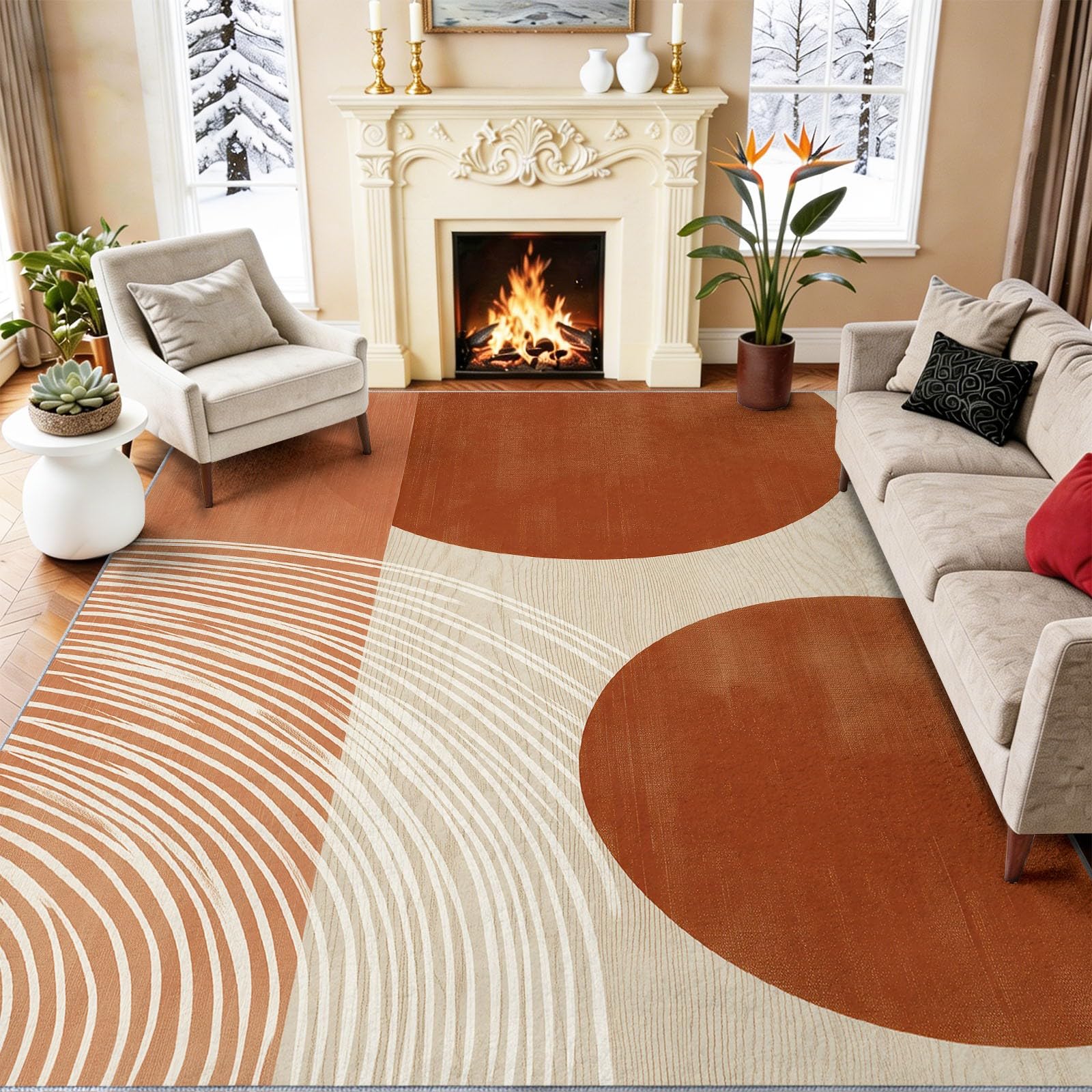 Tapis 140 x 200 cm lavable en machine géométrique rouge pour salon et chambre