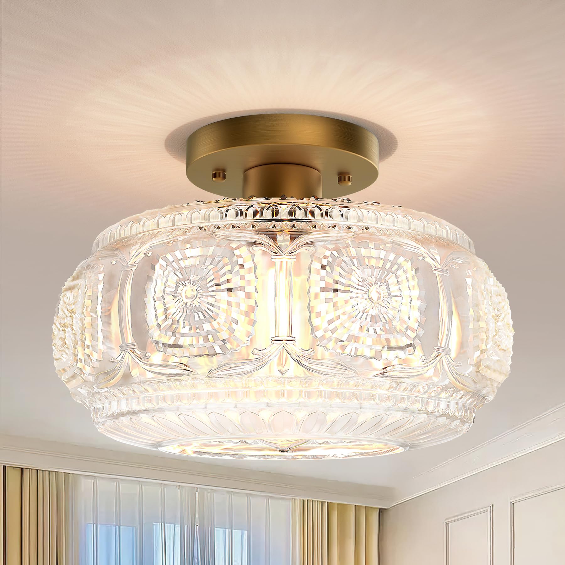 11 Inch Globe Glass Semi Flush Mount Ceiling Light Fixture, Gold