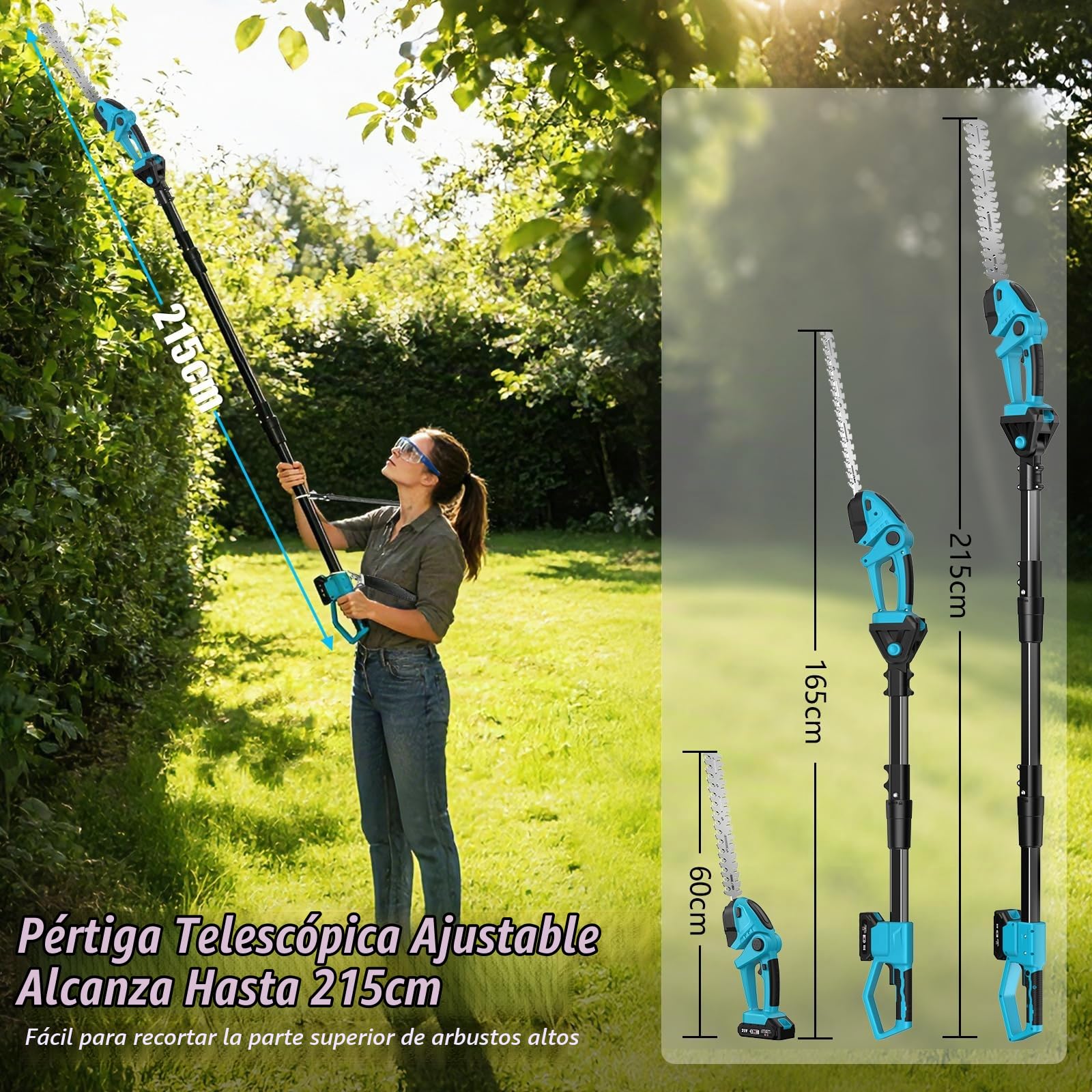Motosierra y Cortasetos Batería con Pértiga Telescópico, 4 en 1 Kit de Herramientas Jardín, Podadora de Altura Electrica con 2 Baterías 4000 mAh, 4 Cadenas, Gafas, Guantes para Cortar Arbusto y Ramas
