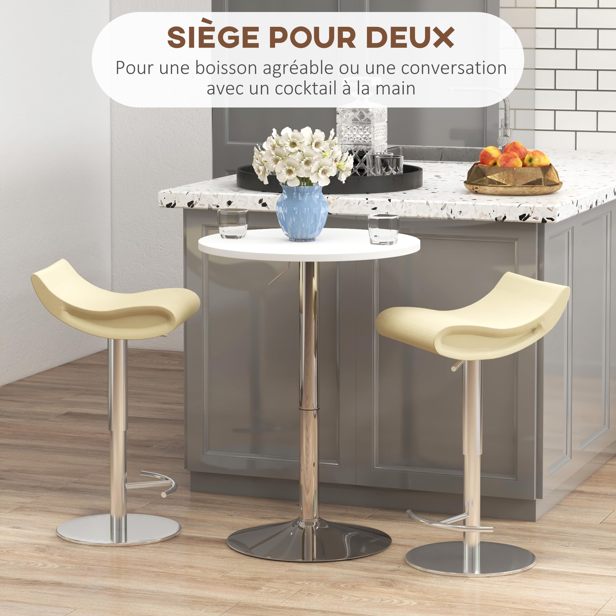 HOMCOM Table de Bar Ronde Hauteur Réglable 69-91 cm Blanc Argenté