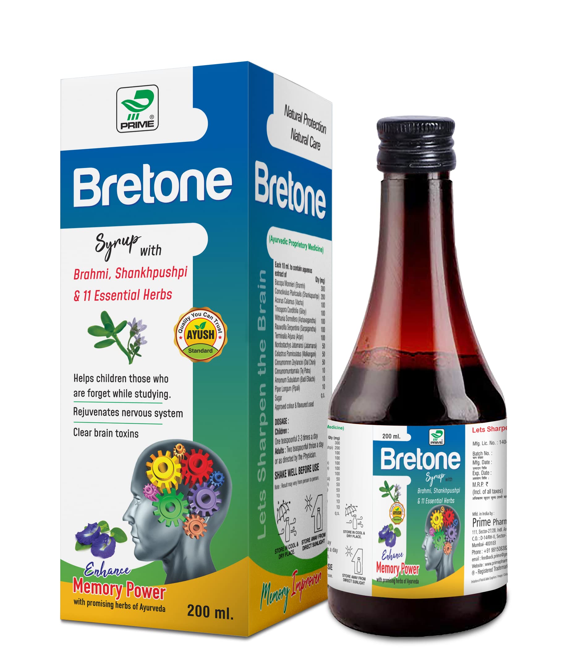Prime Bretone Syrup with Shankhpushpi, Brahmi & 11 Herbs | 200 ML x 2