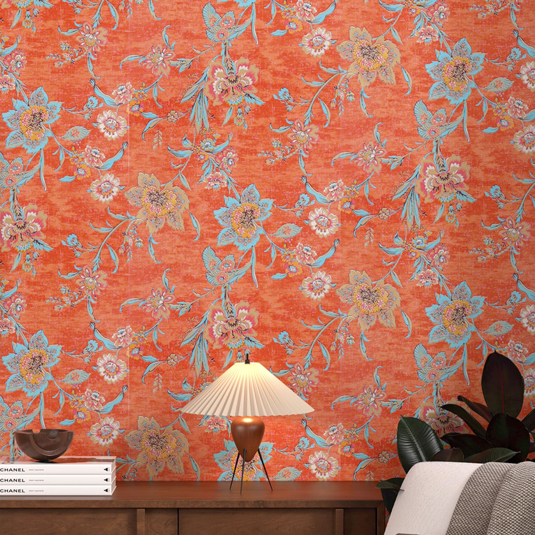 Decotalk Peel and Stick Floral Wallpaper | Vintage Red Orange Flower Design | Perfect for Bedroom & Cabinets | Easy Appl