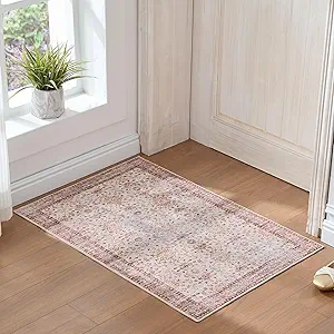 Vintage 2x3 Washable Area Rug, Low-Profile Entryway Rug with Non-Slip Backing & Durable Edge Binding, Pet-Friendly Doormat, Small Rug for Entryway, Kitchen, Living Room