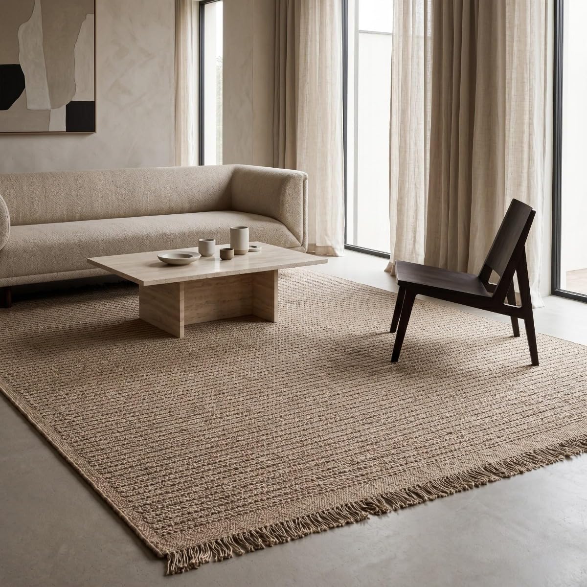 Tapis en jute artisanal à franges beige naturel 120x160 - style bohème