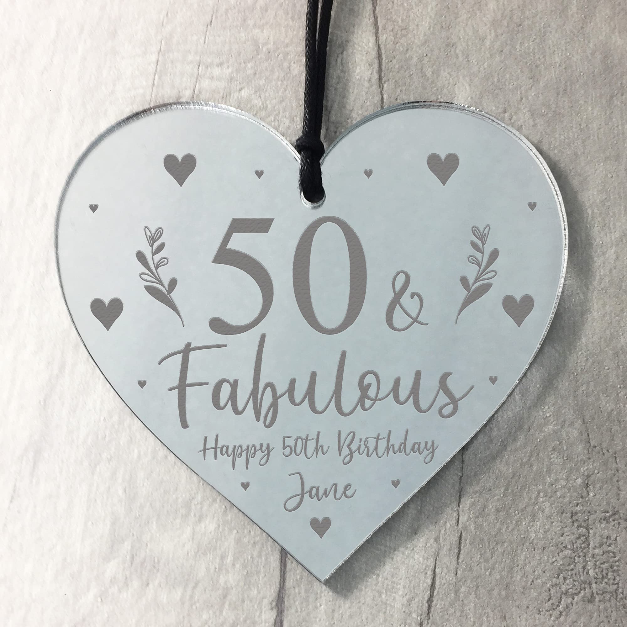 RED OCEAN Acrylic Heart Ornament 50th Birthday Gift For Mum Sister Auntie Nan Friend Engraved Heart Personalised Floral Gift