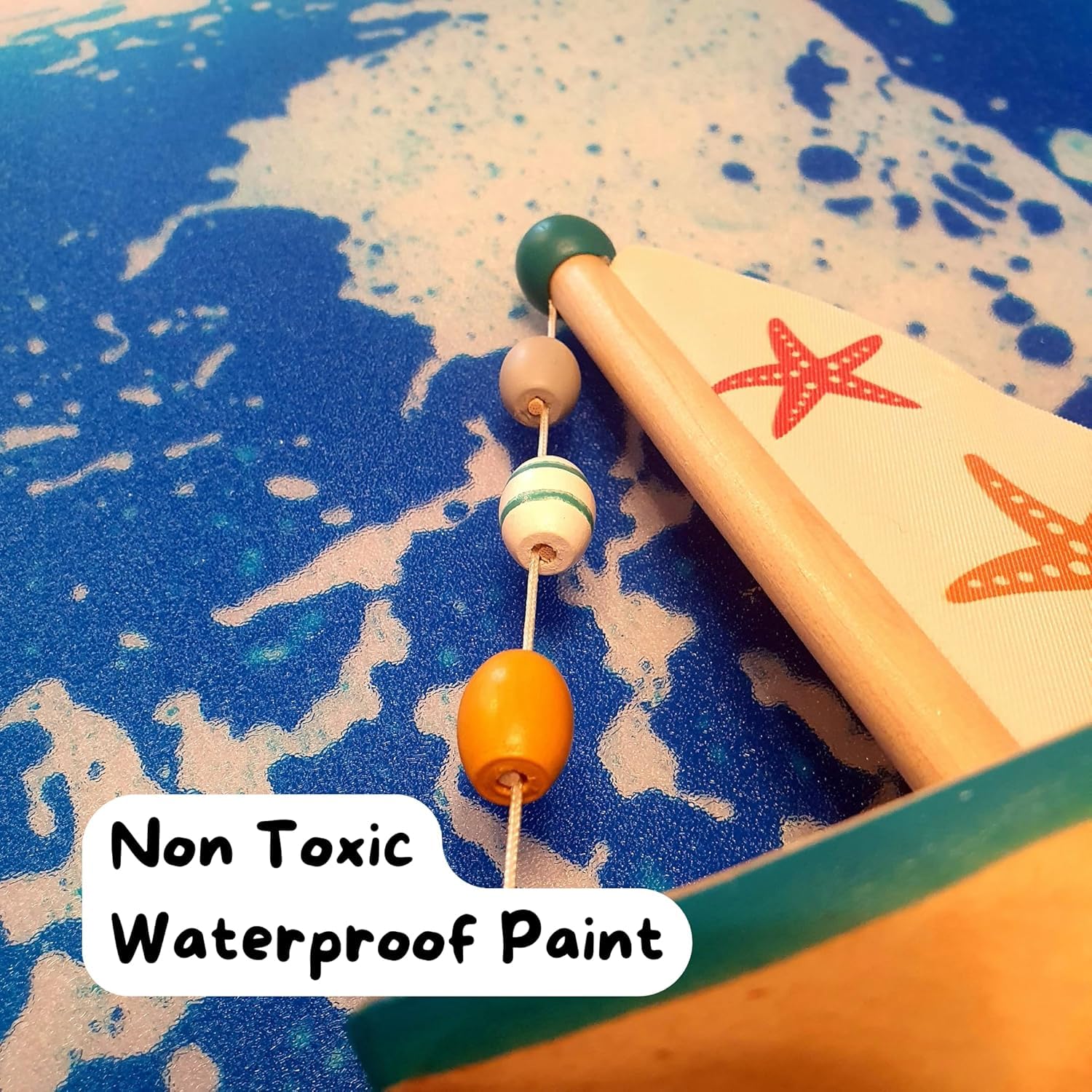 Talking Turtle Wooden Bath & Beach Toy Boat - Floating Whale-Themed Sailboat with Real Fabric Sail, Blue, Brown - Image 4