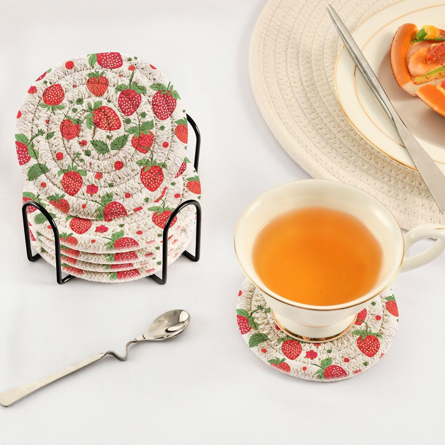 ストロベリー 6枚 コットン織コースター ホルダー付き 吸収性 ドリンクコースター 滑り止め 耐熱カップコースター コーヒーテーブル