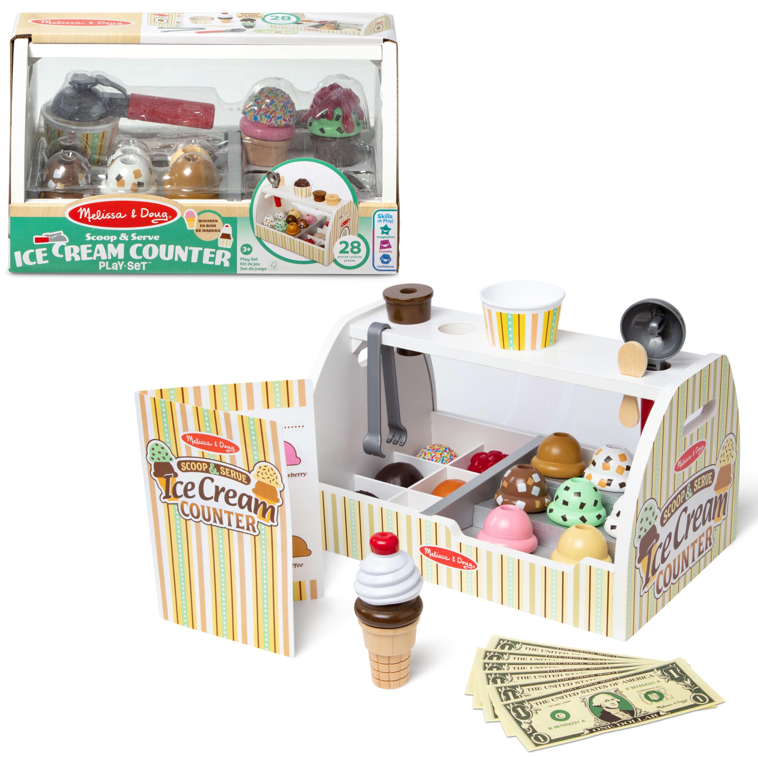Melissa & Doug - Eisdiele aus Holz, 28-teilig, Für das Eisdielen-Rollenspiel mit 8 Sorten Eiscreme, Eistüten und Eisbecher, Spielgeld inklusive, Für Kinder ab 3 Jahren