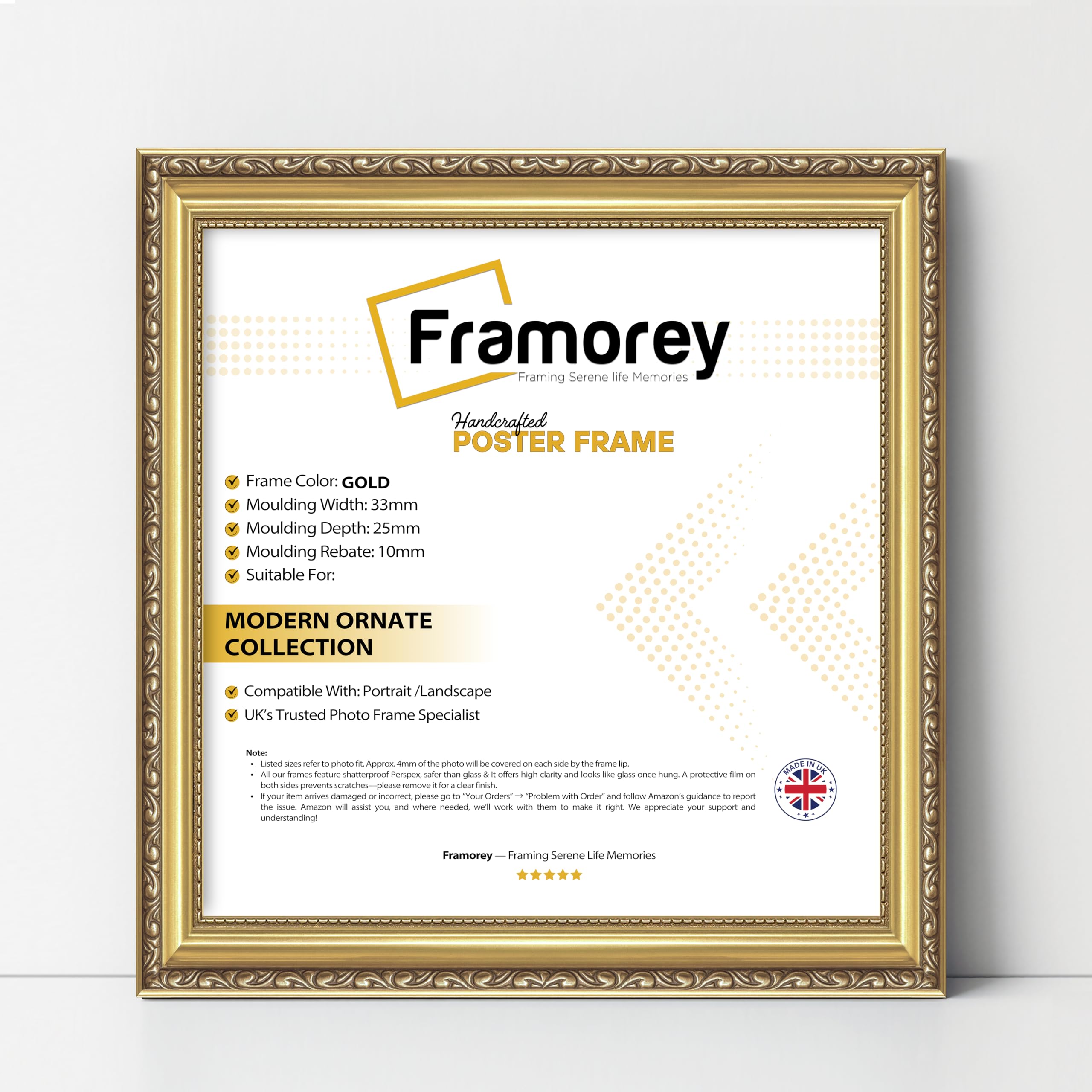 Framorey Framing Serene Life Memories Gold Framorey Shabby Chic Antique Square Size Picture Frame, 35X35cm Size Photo Frames, Photo Print Frame, Home Decor Frame, Best Photo Frames For Gifts