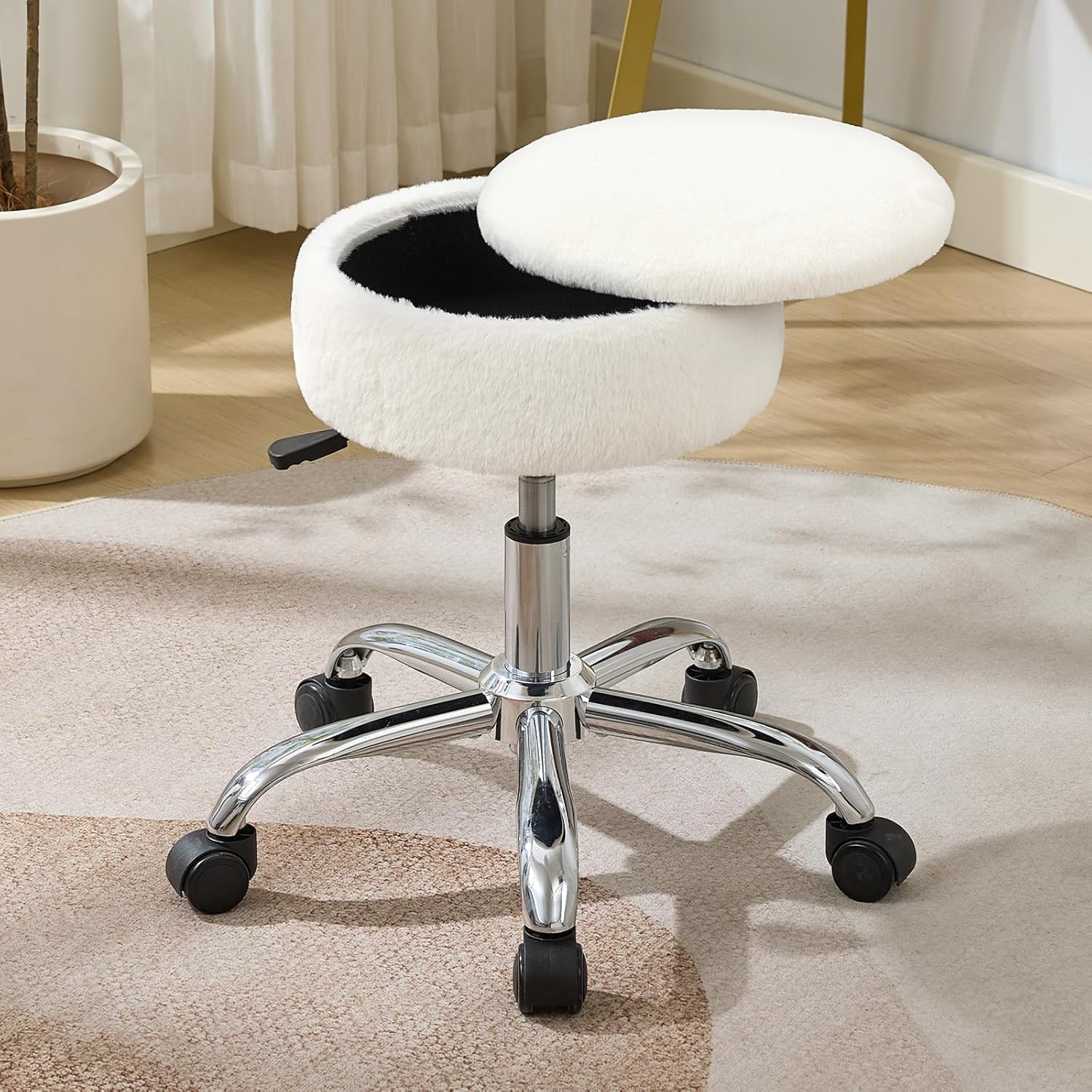 Gitrah Vanity Chair with Wheels Adjustable Vanity Stool with Storage Swivel Vanity Stool for Vanity Rolling Makeup Stool Chair Faux Fur Off White