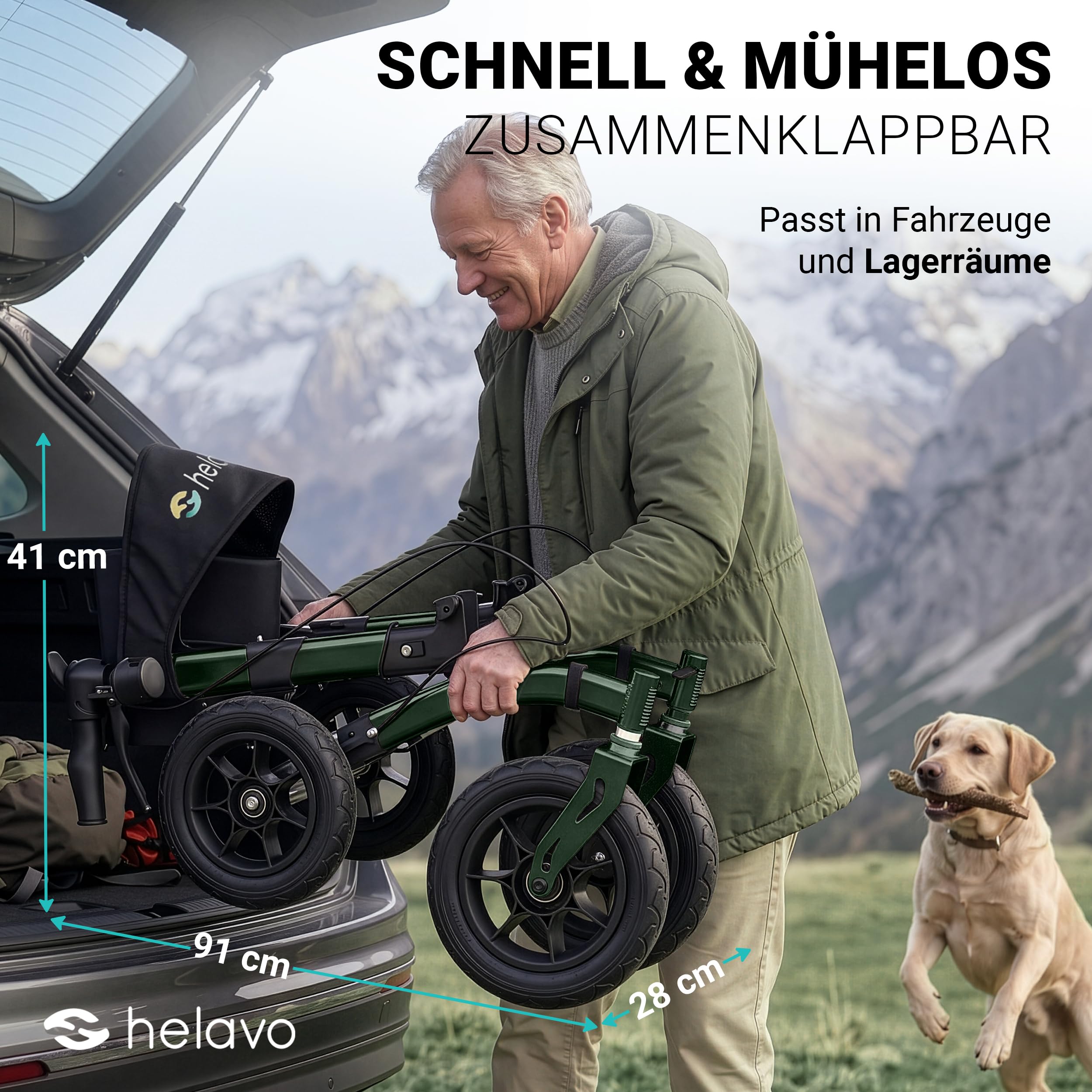 Helavo Outdoor-Rollator mit Luftbereifung - Faltbarer Rollator mit Sitz & Lehne für Draußen - Komfortable & stoßdämpfende 12"/10" große Räder - Gehhilfe für Waldwege, Gras & Strand | 12" Luftreifen für maximalen Komfort - Mit Sitz & Rückenlehne - Nur 9,5