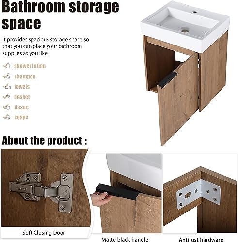 Miniatura 10 de Tocador de baño de 18 pulgadas con fregadero, tocador de baño flotante de 18 pulgadas para espacios pequeños, tocador de baño de un solo lavabo,